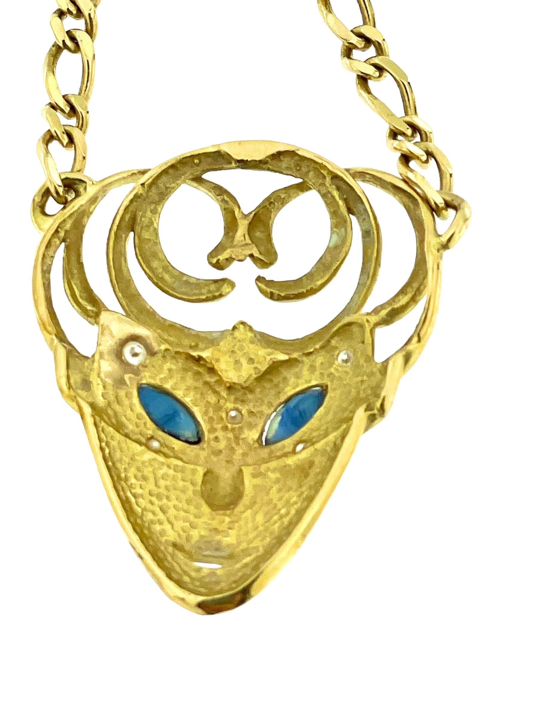Modern Italian Necklace with Venetian Mask Pendant Yellow Gold Diamonds and Sapphires For Sale