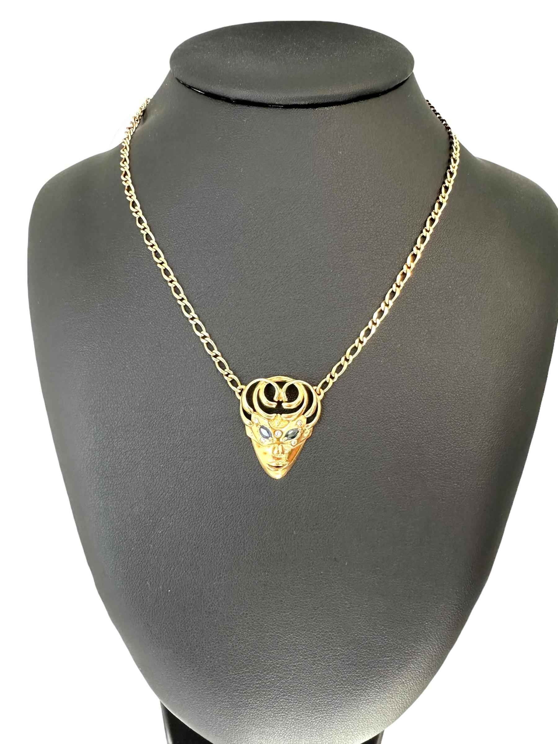 Women's or Men's Italian Necklace with Venetian Mask Pendant Yellow Gold Diamonds and Sapphires For Sale