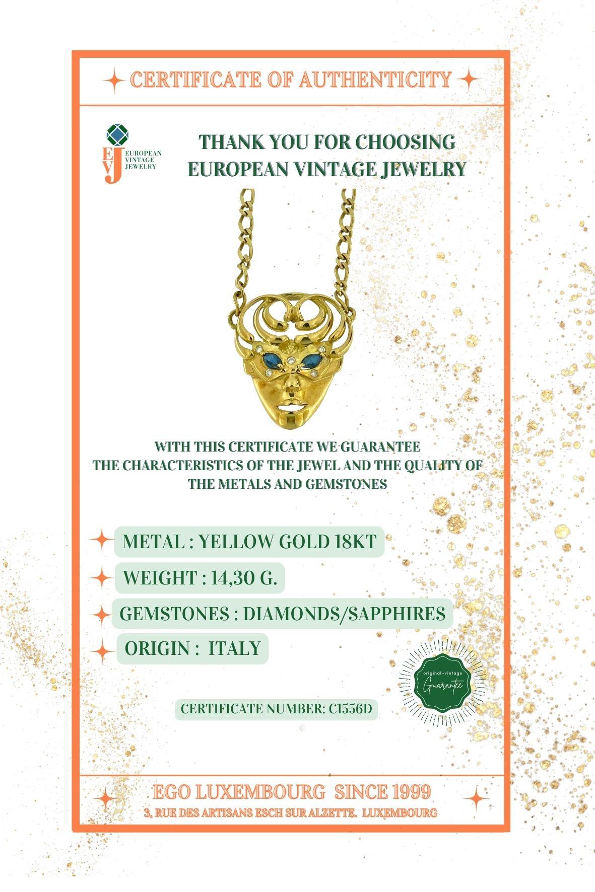 Italian Necklace with Venetian Mask Pendant Yellow Gold Diamonds and Sapphires For Sale 3