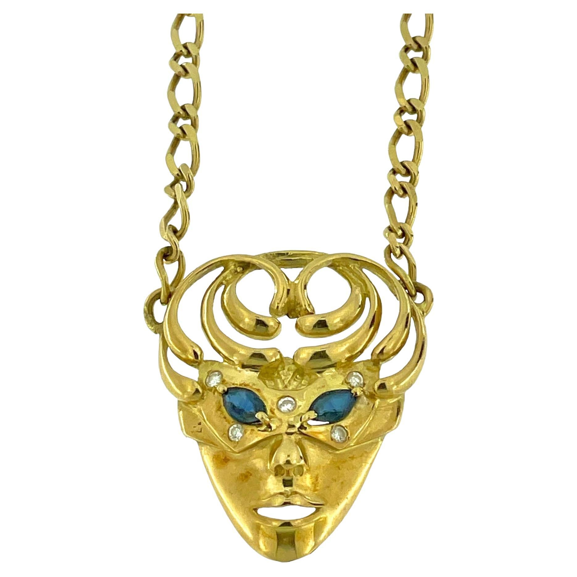 Italian Necklace with Venetian Mask Pendant Yellow Gold Diamonds and Sapphires For Sale