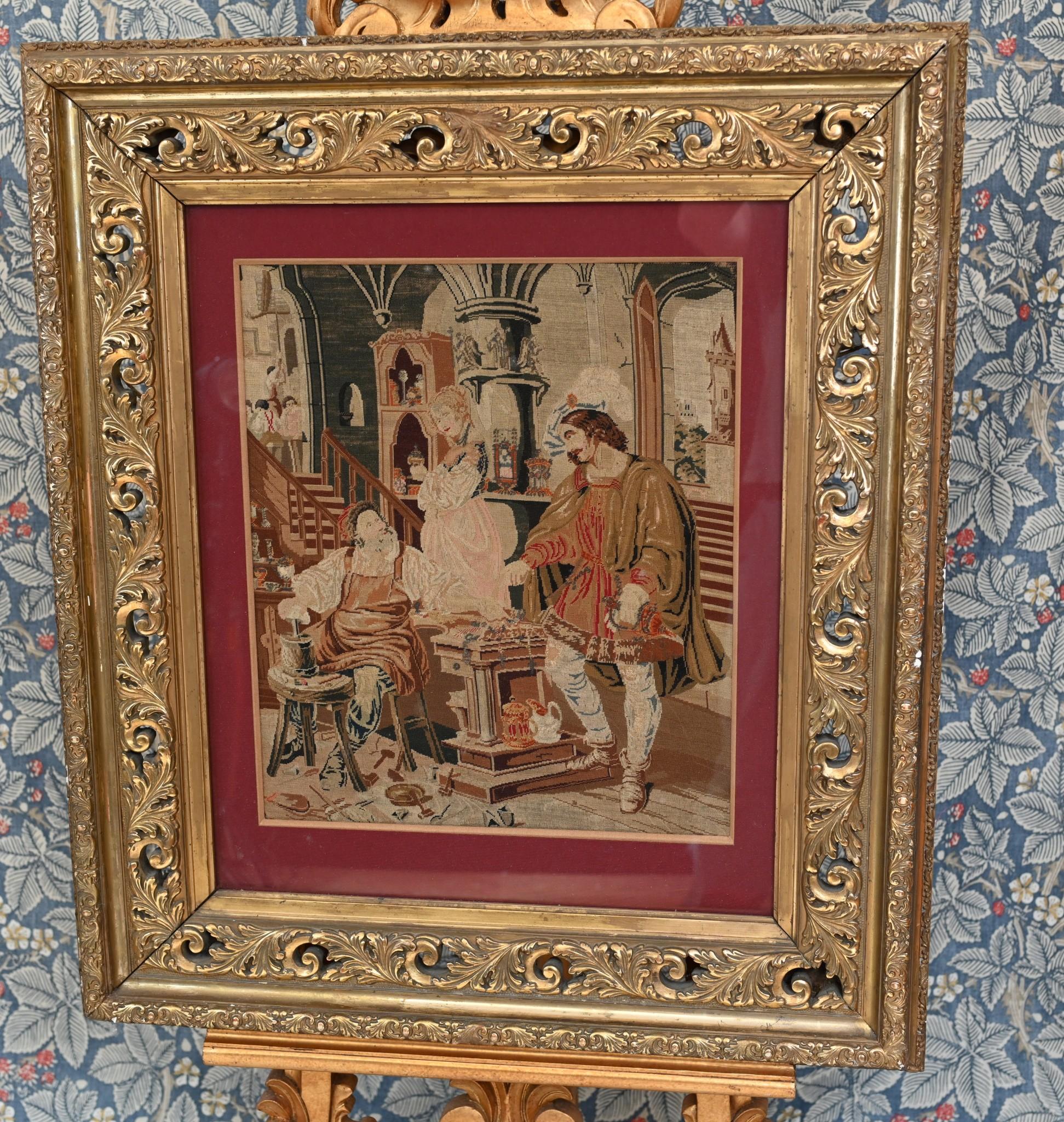 Italian Needlepoint Tapestry Cobbler and Prince Portrait 1860 For Sale 5