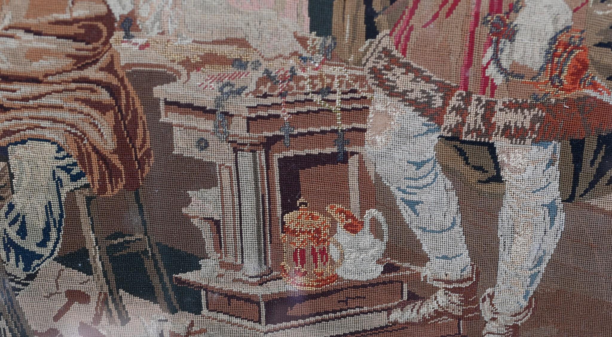 Italian Needlepoint Tapestry Cobbler and Prince Portrait 1860 For Sale 1