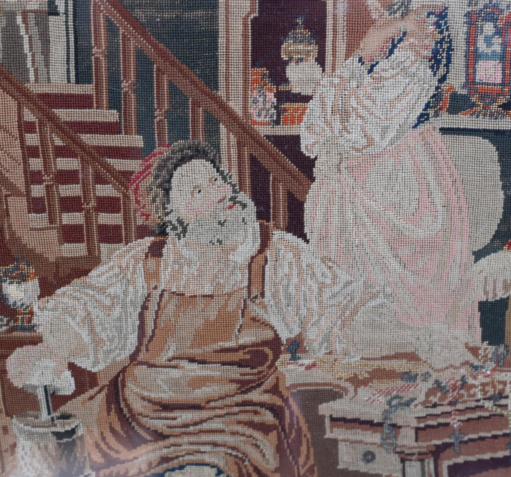 Italian Needlepoint Tapestry Cobbler and Prince Portrait 1860 For Sale 2