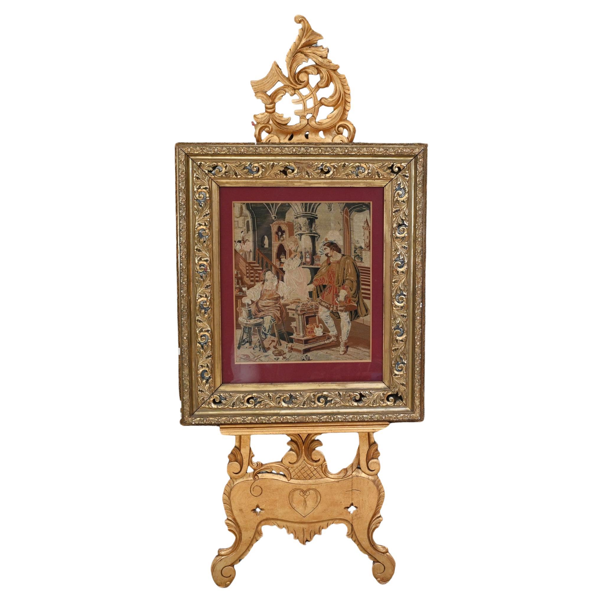 Italian Needlepoint Tapestry Cobbler and Prince Portrait 1860 For Sale