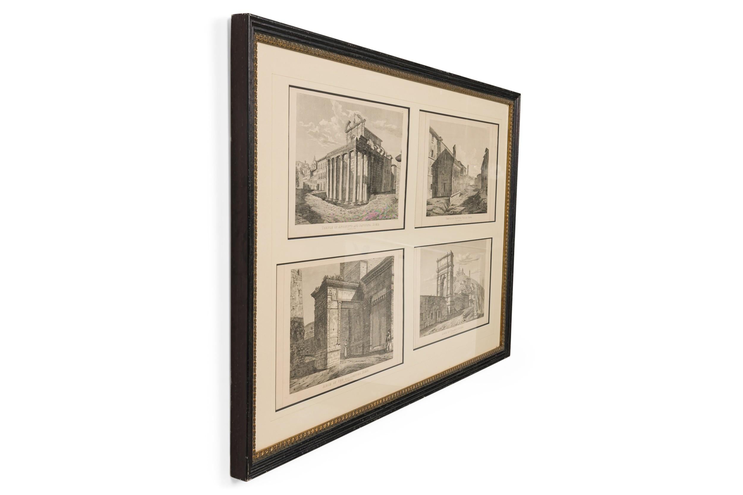 Stampa in stile neoclassico italiano di un gruppo di quattro incisioni: Tempio di Antoni e Faustina, Tempio della Fortuna Virilis, Arco degli Orefici e Arco di Traiano, Ancona, il tutto opacizzato in una cornice in legno dorata e dipinta di