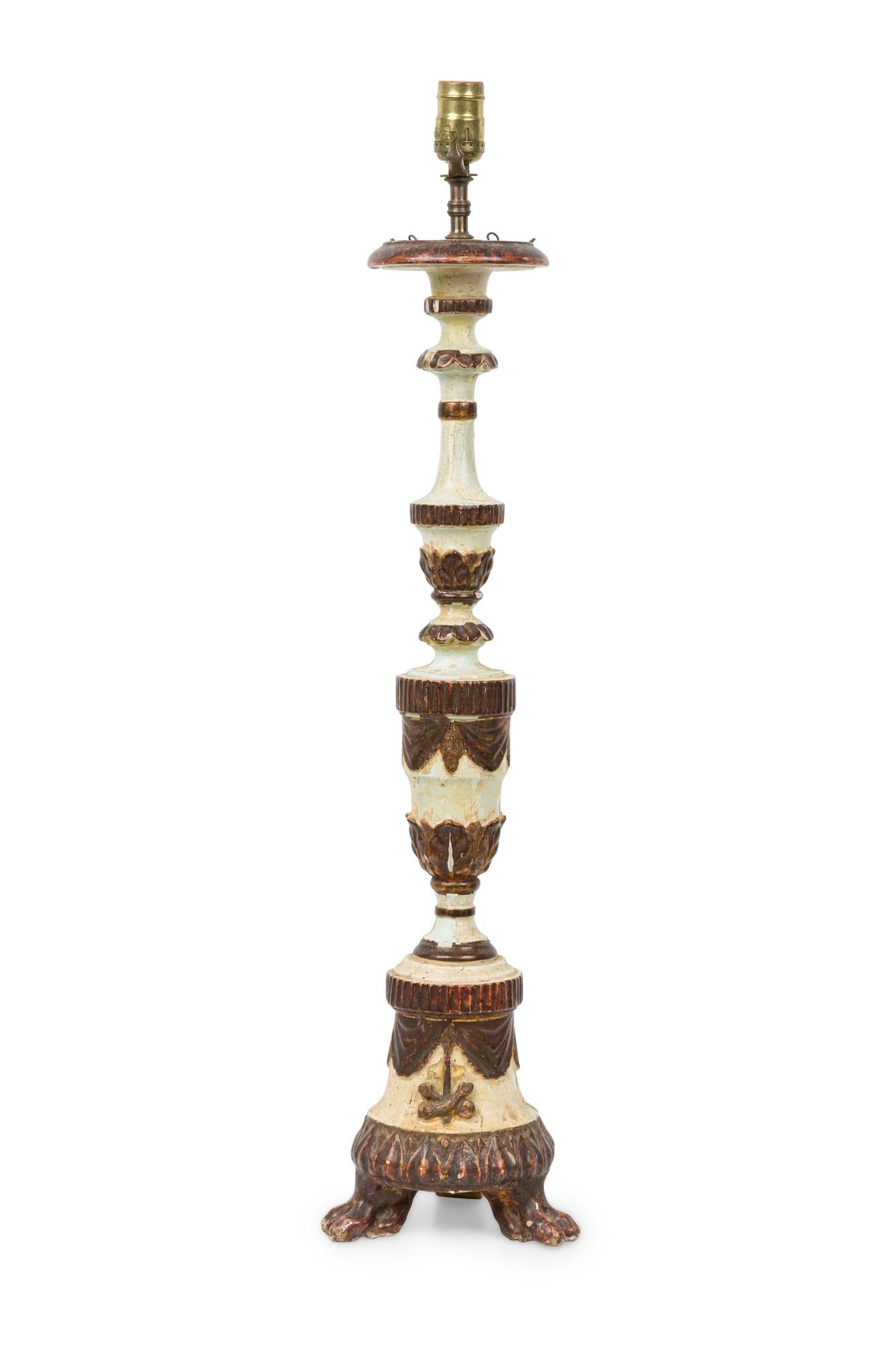 Italian Neoclassical (18th Century) distressed white painting and gilt trim candlestick table lamp (unfinished on back)