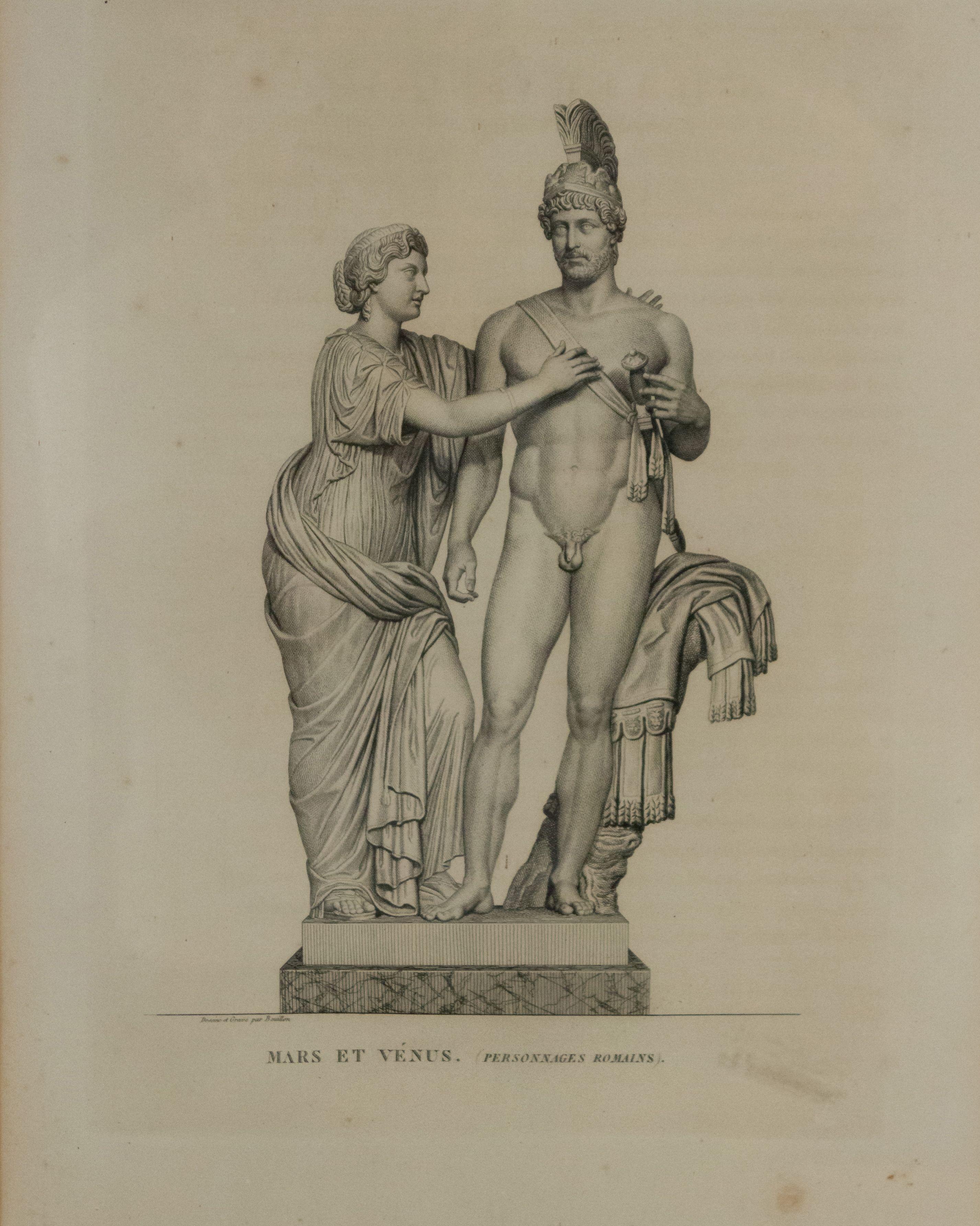 5 gravures néoclassiques italiennes (19e siècle) représentant la statuaire romaine et des thèmes mythologiques, encadrées dans des moulures à feuilles d'argent et des feuilles de papier.  tapis (PRIX PAR CHACUN)