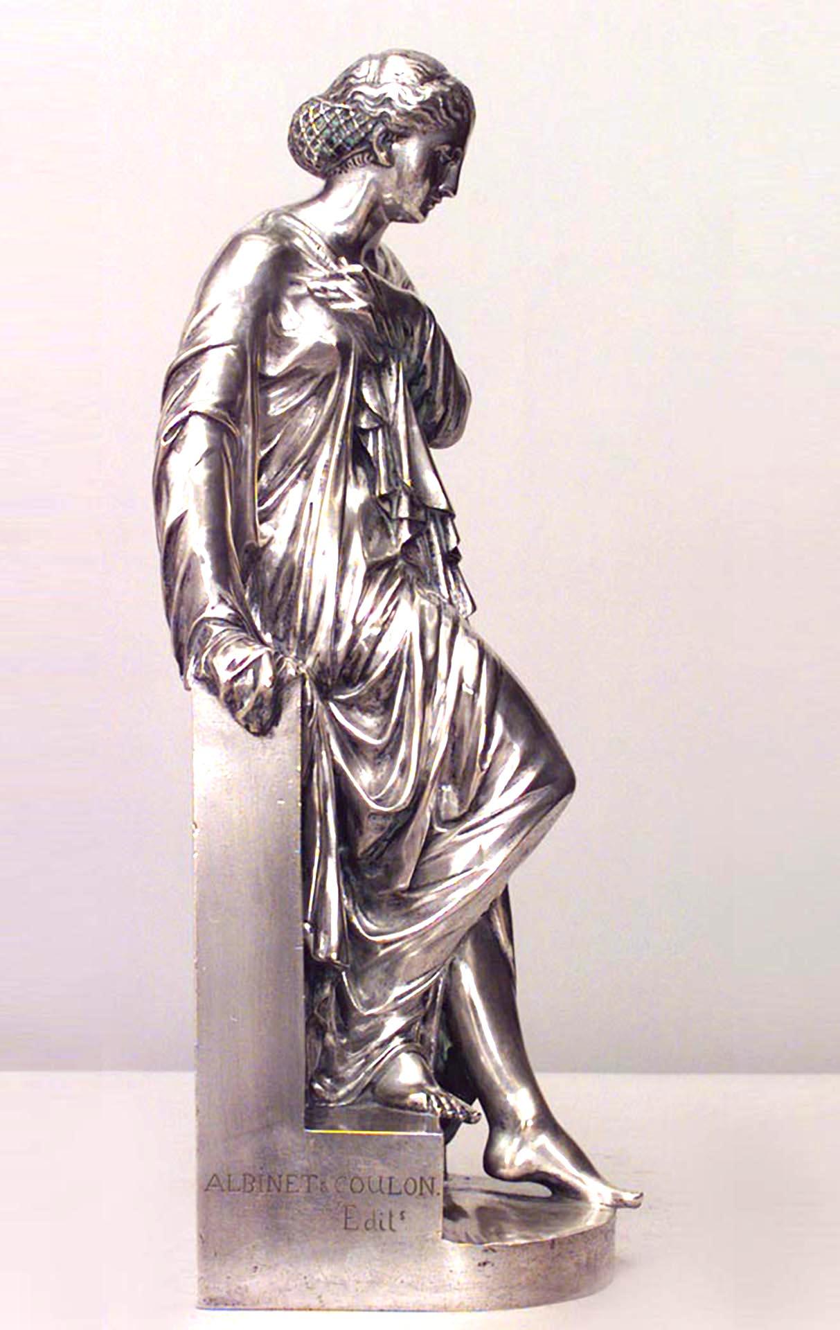 French Neo-Classic (19th Cent) silver plated bronze figure of classic Greek woman on steps (signed ALBINET & COULON/ AIZELIN, sculp.)
