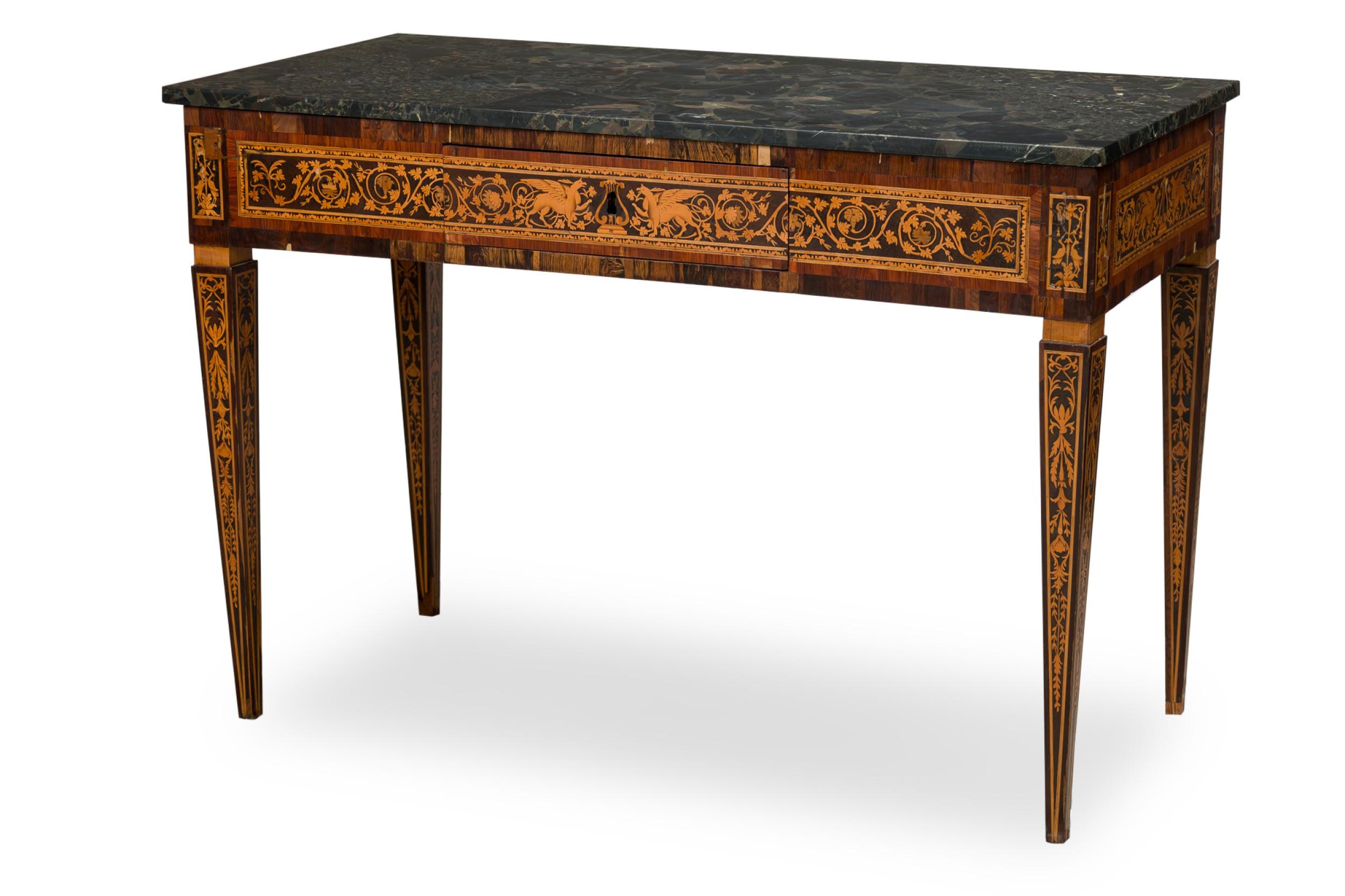 Italian Neo-Classic (18th Century) walnut and lemonwood single drawer rectangular centre table with ornate inlaid patterns along the borders and legs with a mythological Griffin motif and wreath pattern, resting on 4 tapered legs, with a black