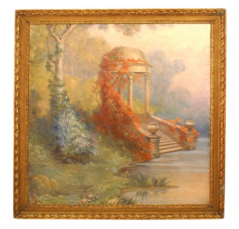 Italian Neo-classic (19/20th Cent) style gilt framed square oil vertical landscape painting of garden with gazebo.