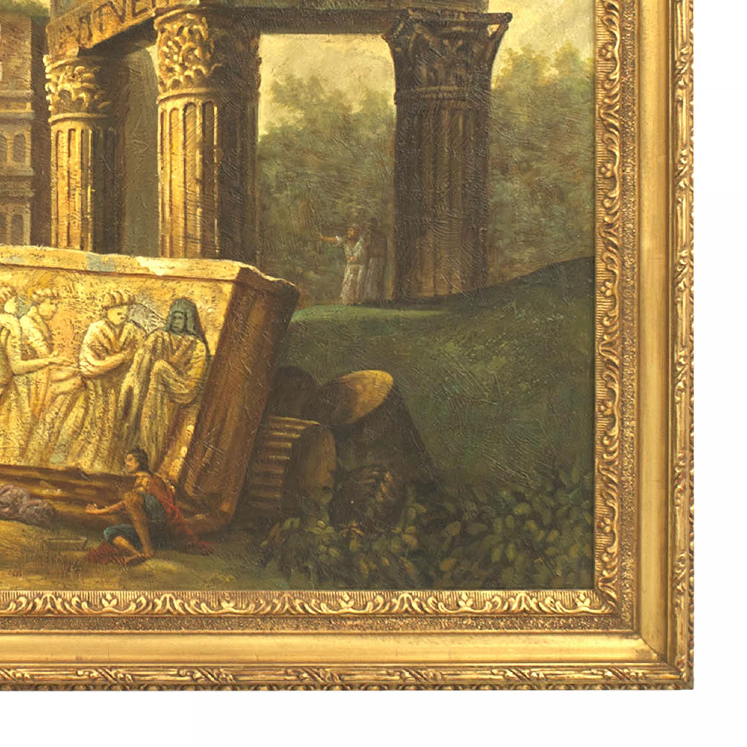 Italienisches neoklassizistisches Ölgemälde im Stil von Hubert Robert (20. Jahrhundert) mit Figuren und einem Reiterstandbild von Marcus Aurelius in der Nähe des Vespia-Tempels in einem rechteckigen geschnitzten Goldholzrahmen.