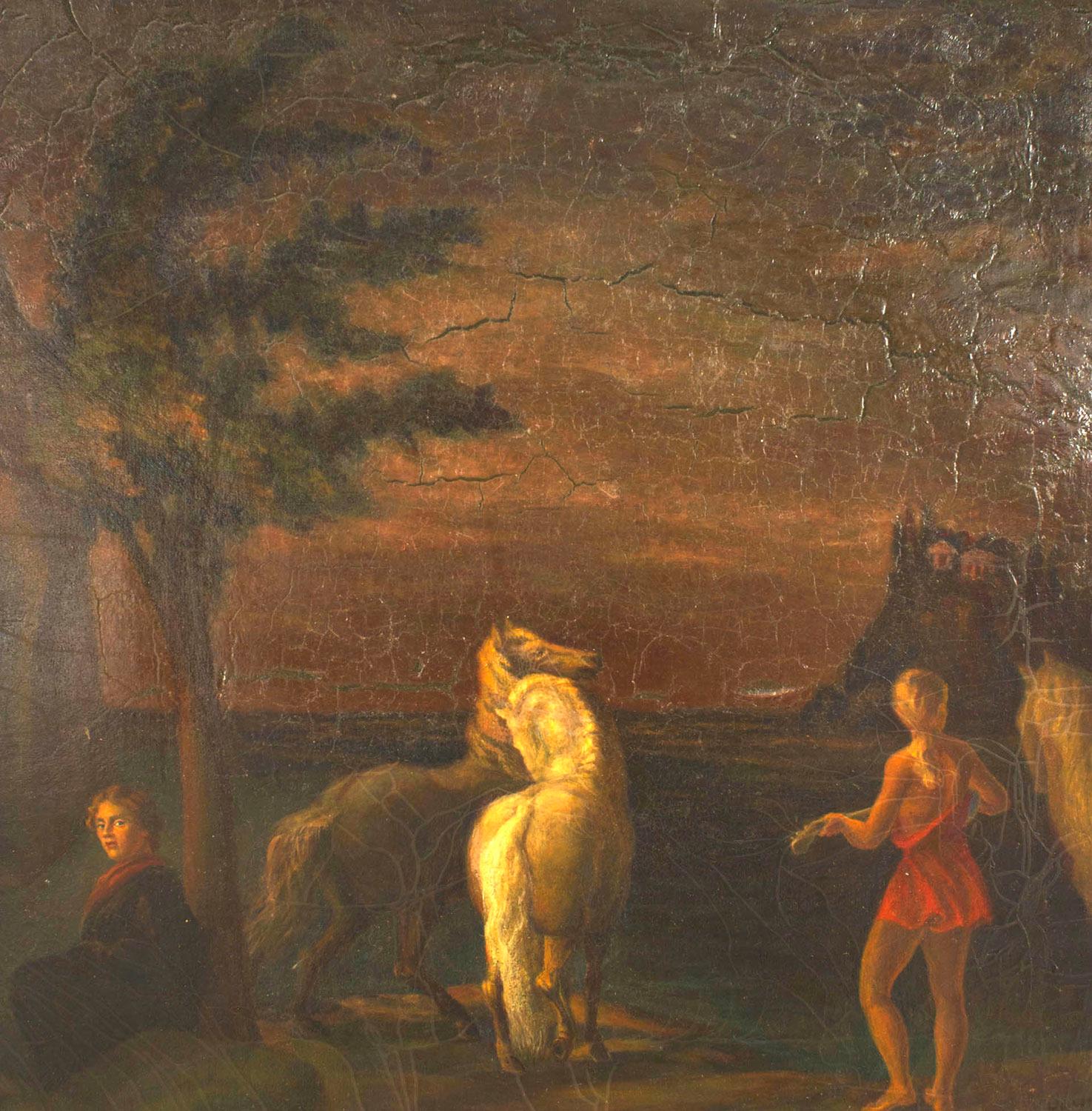 Italian Neo-classic oil on canvas of a dark landscape with horses and figures in the foreground with a gilt frame.

Chips on frame
