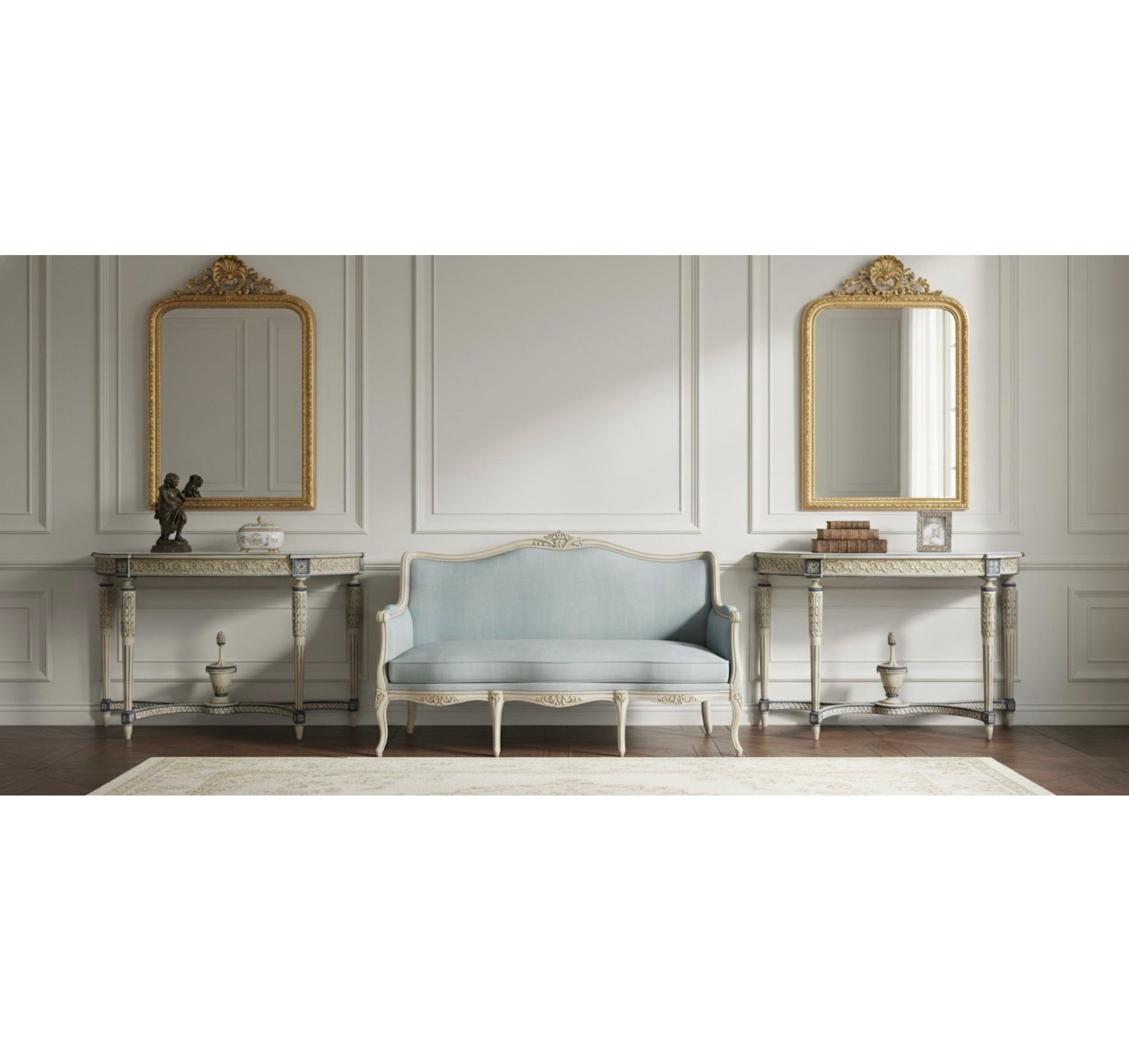 Fruitwood Italian Neo-Classic Maison Jansen Style Carved & Painted Console Tables - Pair For Sale