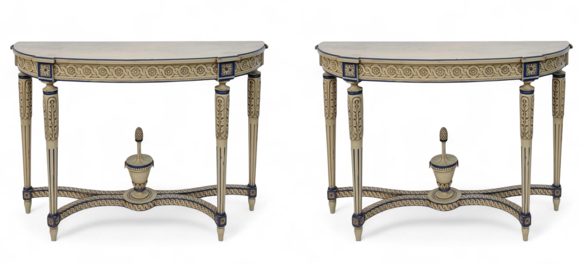 Italian Neo-Classic Maison Jansen Style Carved & Painted Console Tables - Pair For Sale 1