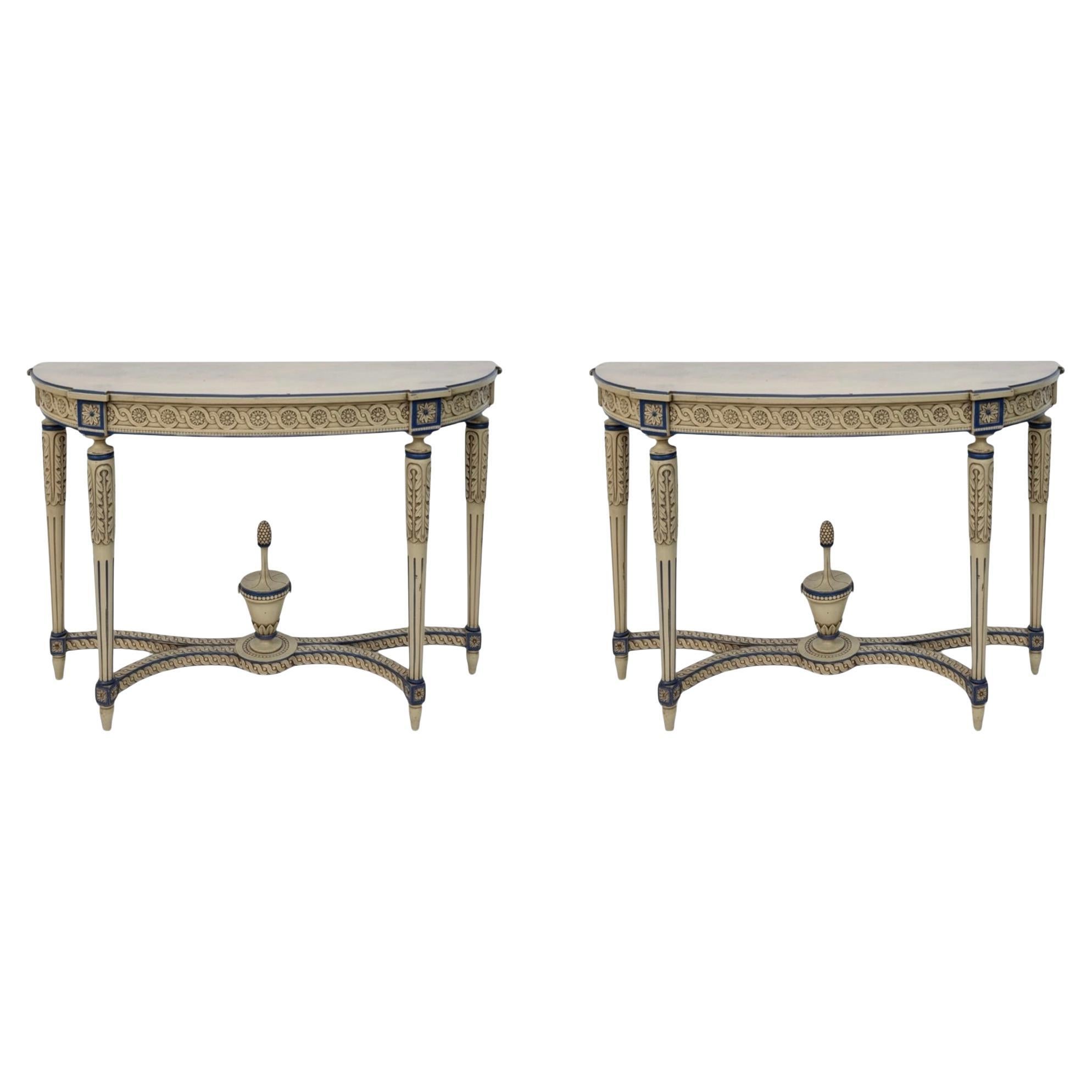 Italian Neo-Classic Maison Jansen Style Carved & Painted Console Tables - Pair