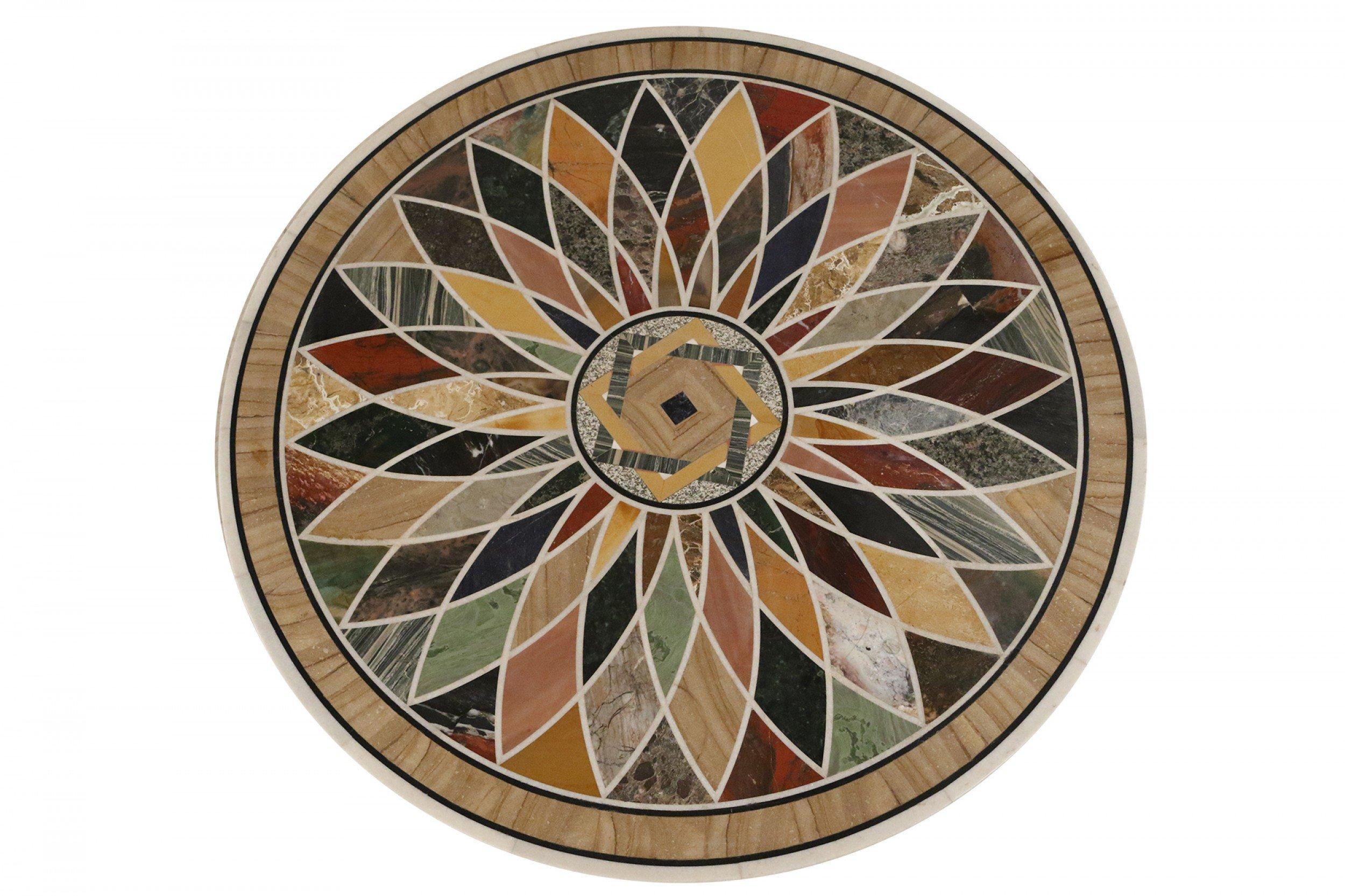 Italian neo-classic marble coffee table with circular inlaid multi-colored marble top resting on an antique acanthus leaf design marble capital as a pedestal base.
     