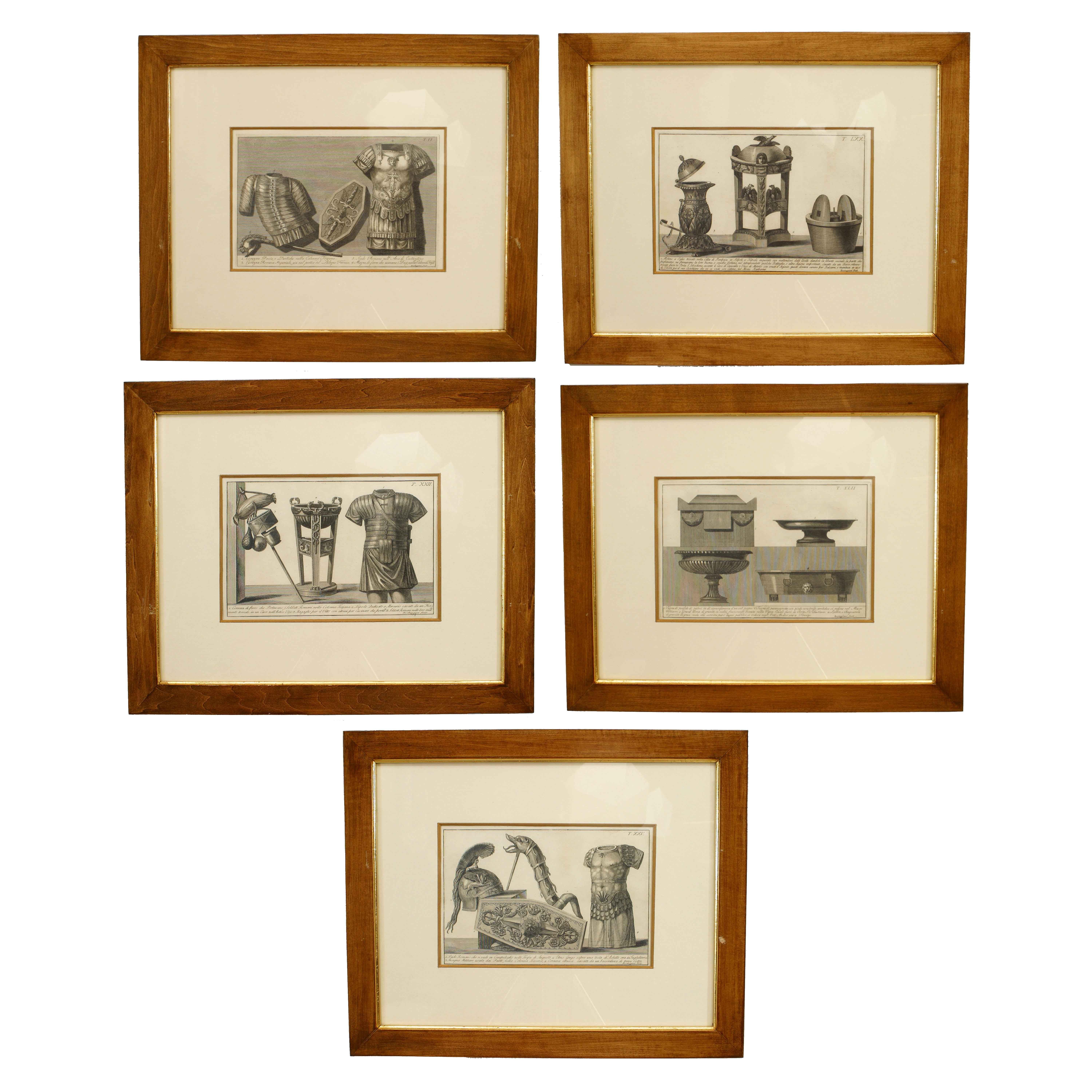 Italian Neo-classic style print of various military arms, armor, and objects matted in stained walnut frame (part of a set of 15; associated pieces: 040101A-040101O)