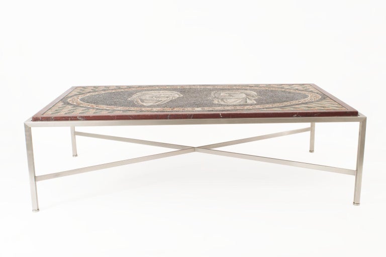 Italian Neo Classic Mosaic Roman Face Design And Chrome Base Coffee Table For Sale At 1stdibs