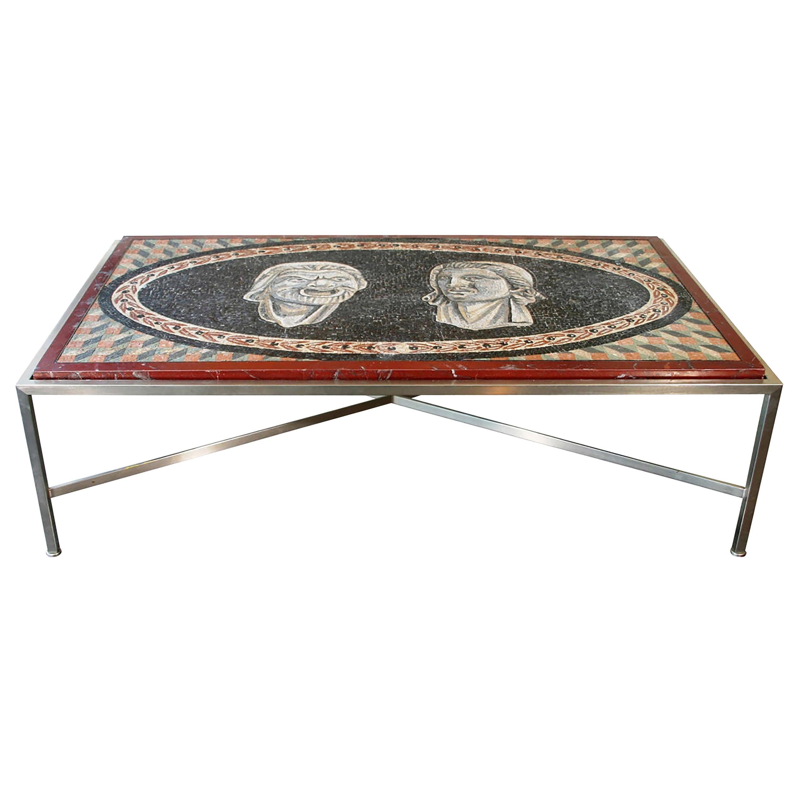 Italian Neo-Classic Mosaic Roman Face Design and Chrome Base Coffee Table For Sale