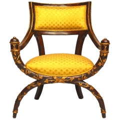 Antique Italian Neoclassic Maroon Lacquer and Gold Damask Upholstery Armchair