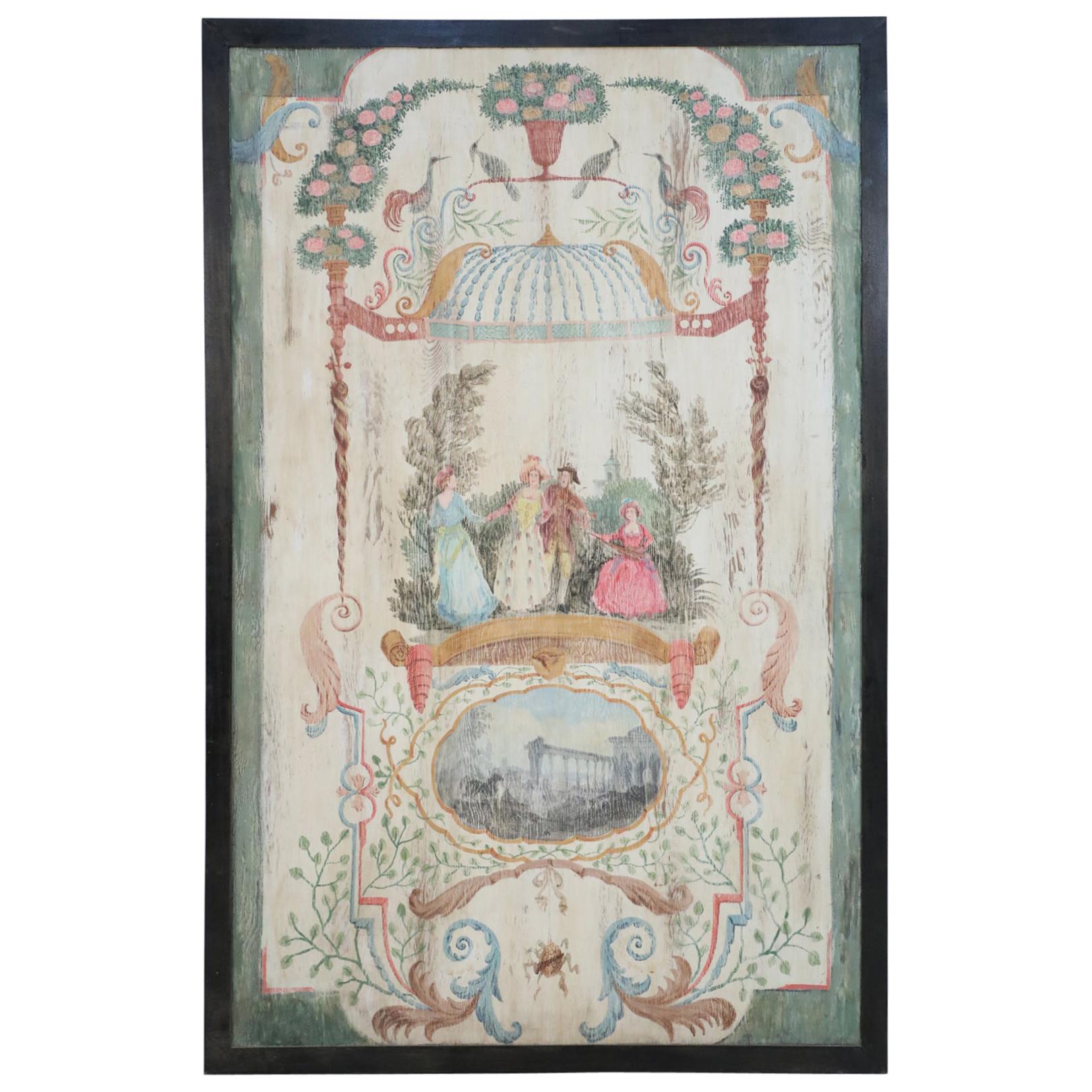 Italian Neo-Classic Style Garden Genre Scene Painted Panel For Sale