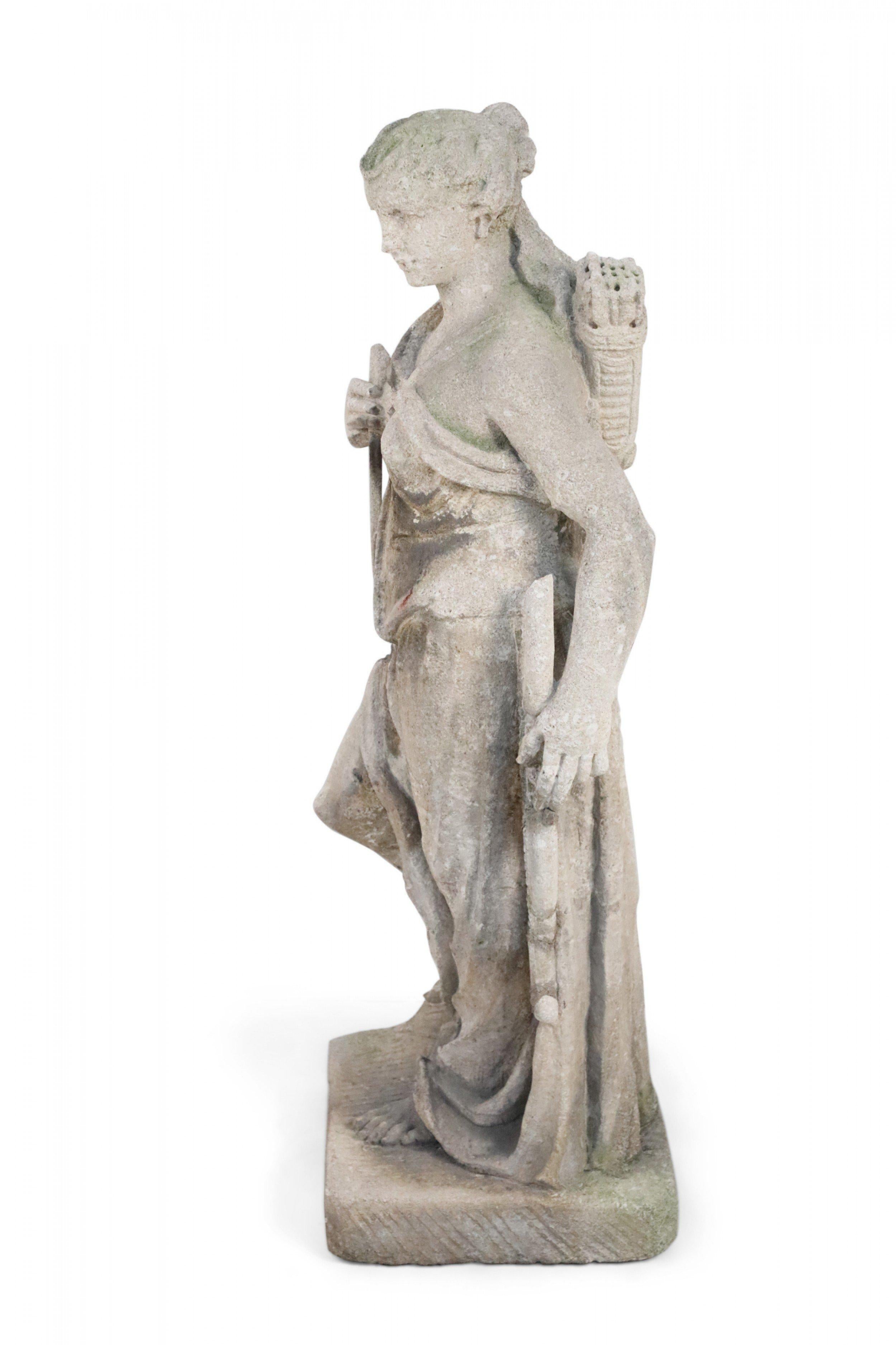 Italian neo-classic style stone Diana sculpture holding a bow and wearing a quiver of arrows on on a square base.
       