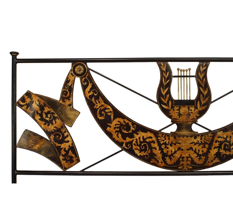 Italian Neo-classic-style (Mid-20th Century) black tole king size bed with swag design gold decorative trim with lyre design on headboard (includes: headboard and footboard, does not include rails).