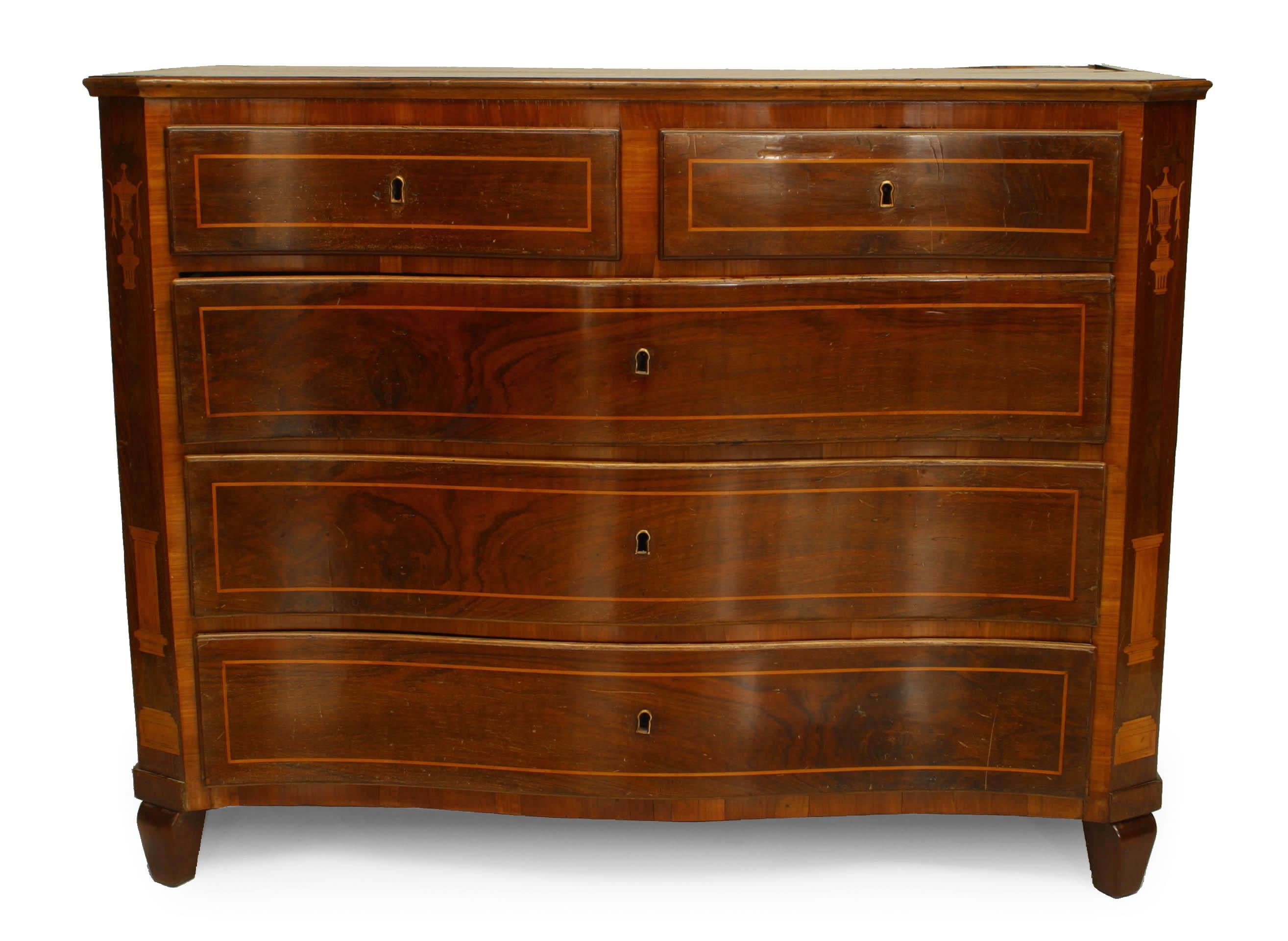 Italian neoclassic walnut chest with inlaid banding on top and canted corners having an inlaid obelisk design with a serpentine top over a 2 drawers above 3 drawers.