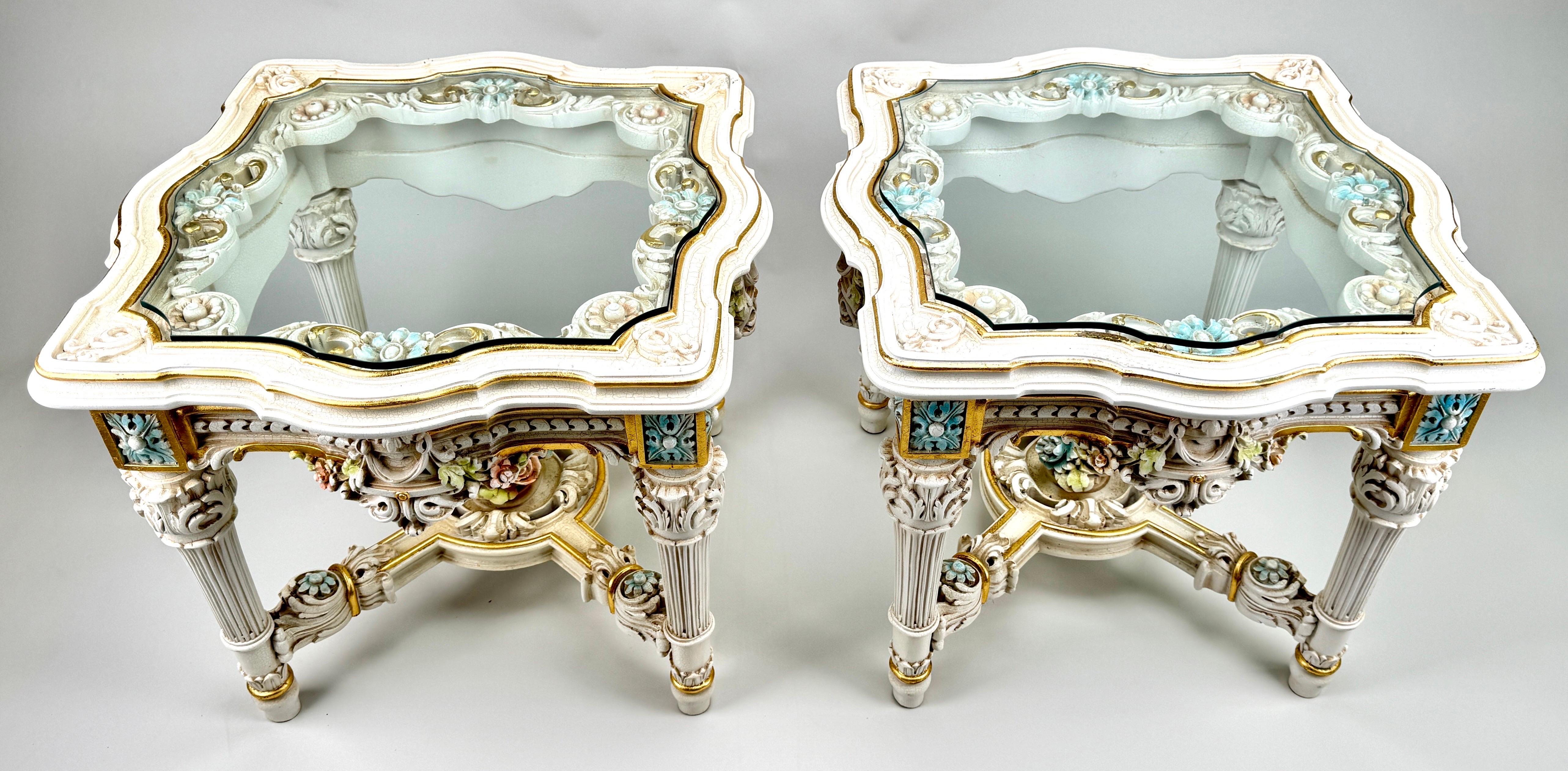 A pair of Italian Neo-Classical Baroque style side or end tables. With an unwavering commitment to craftsmanship, these tables are meticulously crafted to perfection.
Adorned with finely carved floral motifs, the pair of end tables are study and