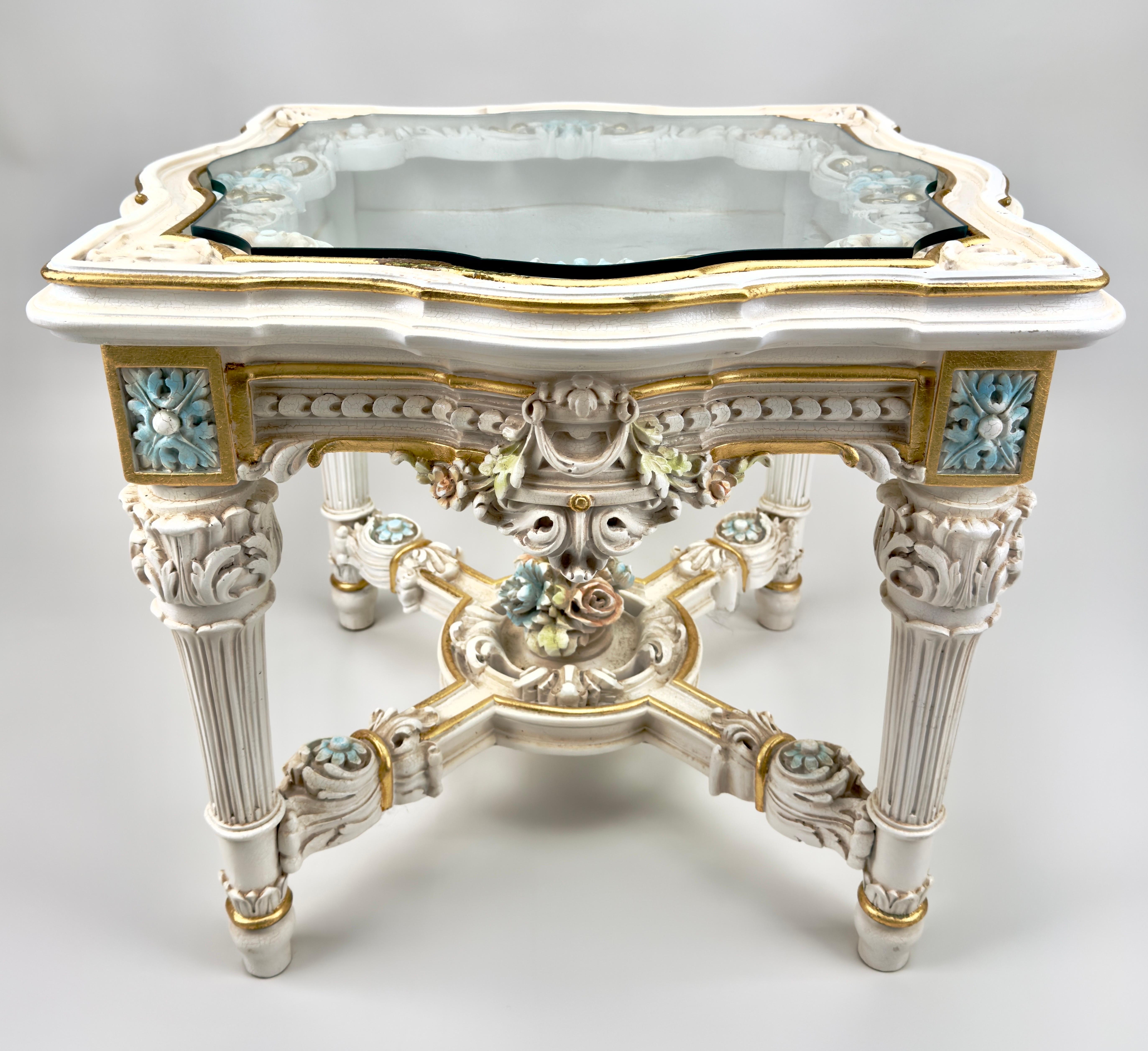 20th Century Italian Neo Classical Baroque Style Glass Top Carved End or Side Table, a Pair For Sale