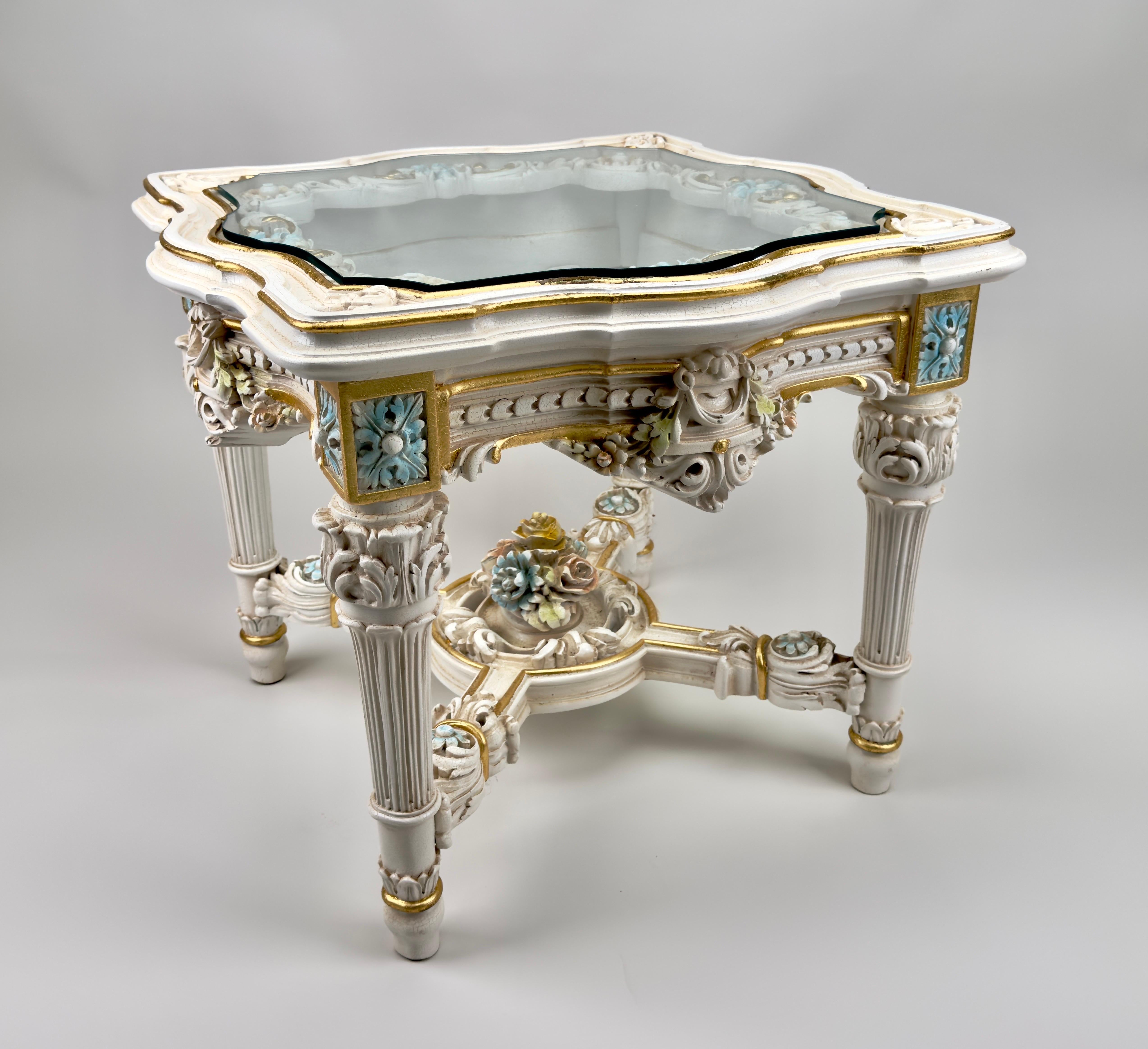 Wood Italian Neo Classical Baroque Style Glass Top Carved End or Side Table, a Pair For Sale