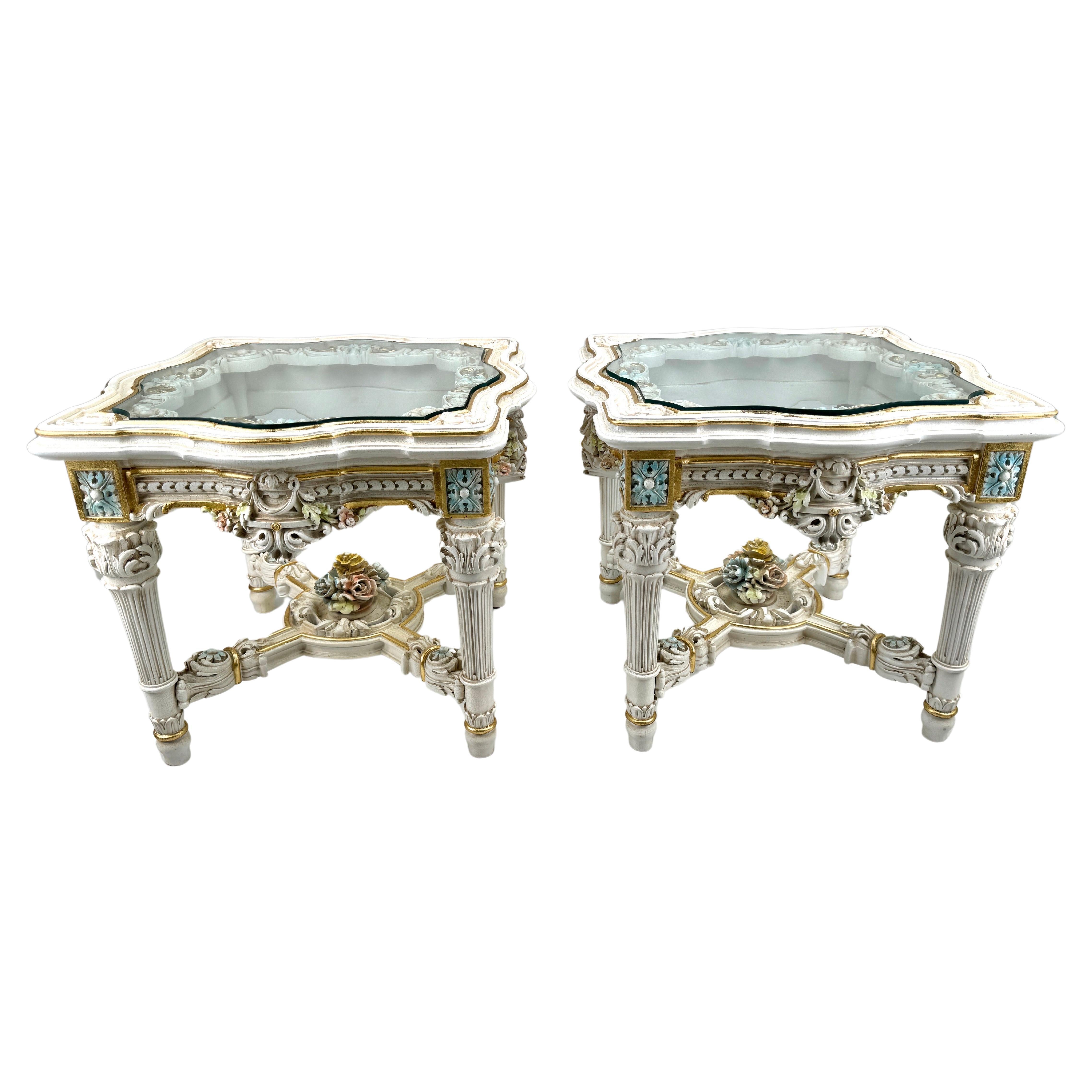 Italian Neo Classical Baroque Style Glass Top Carved End or Side Table, a Pair For Sale