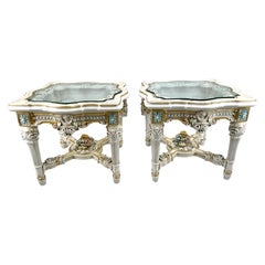 Vintage Italian Neo Classical Baroque Style Glass Top Carved End or Side Table, a Pair