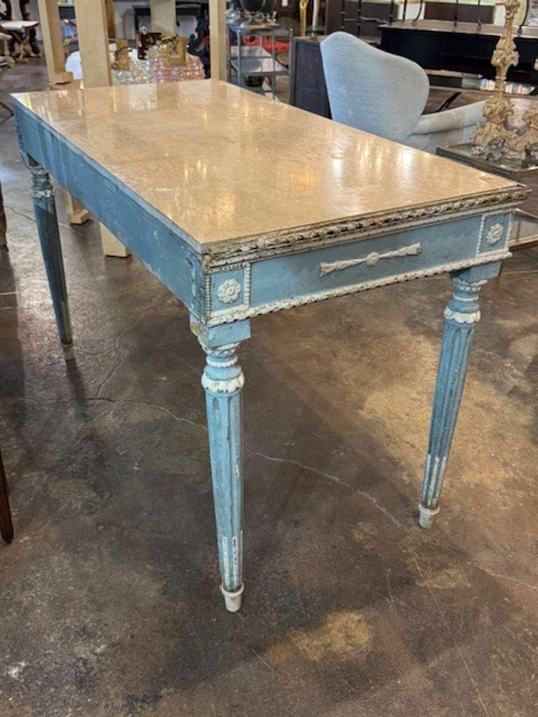 18th century Italian Neo-classical carved and painted console with Sienna marble top. A masterful blend of architectural form and decorative artistry. Circa 1780. 53W x 26D x 34H