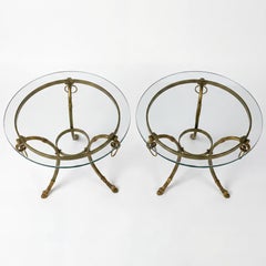 Italian Neo-Classical Maison Jansen Style Brass Steel & Glass Side Tables Pair