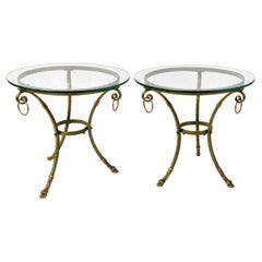 Italian Neo-Classical Maison Jansen Style Brass Steel & Glass Side Tables Pair