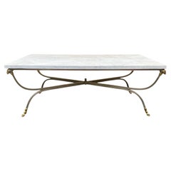 Italian Neo-Classical Maison Jansen Style Marble Top Steel & Brass Coffee Table