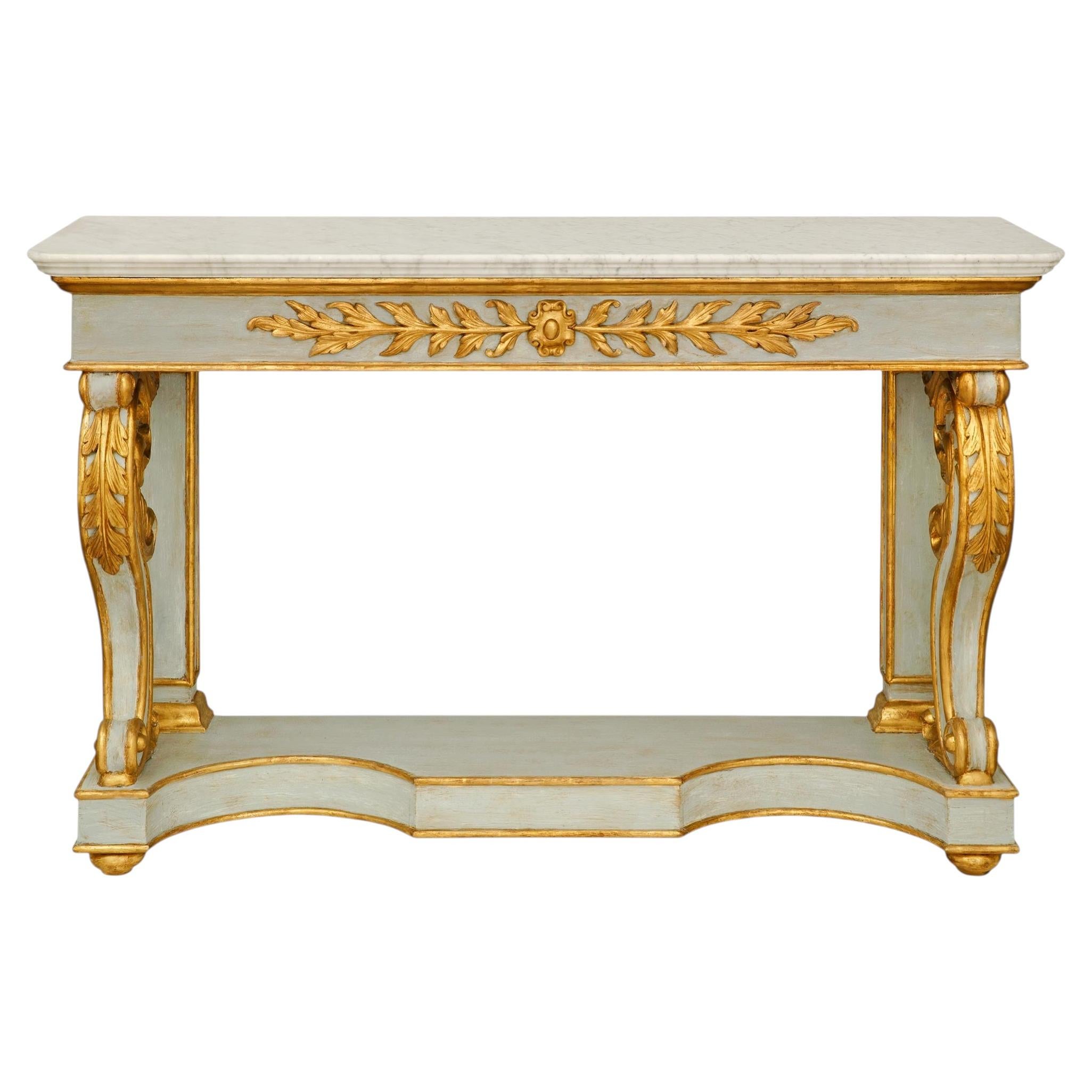 Italian Neo-Classical st. patinated, Giltwood and Carrara marble console For Sale