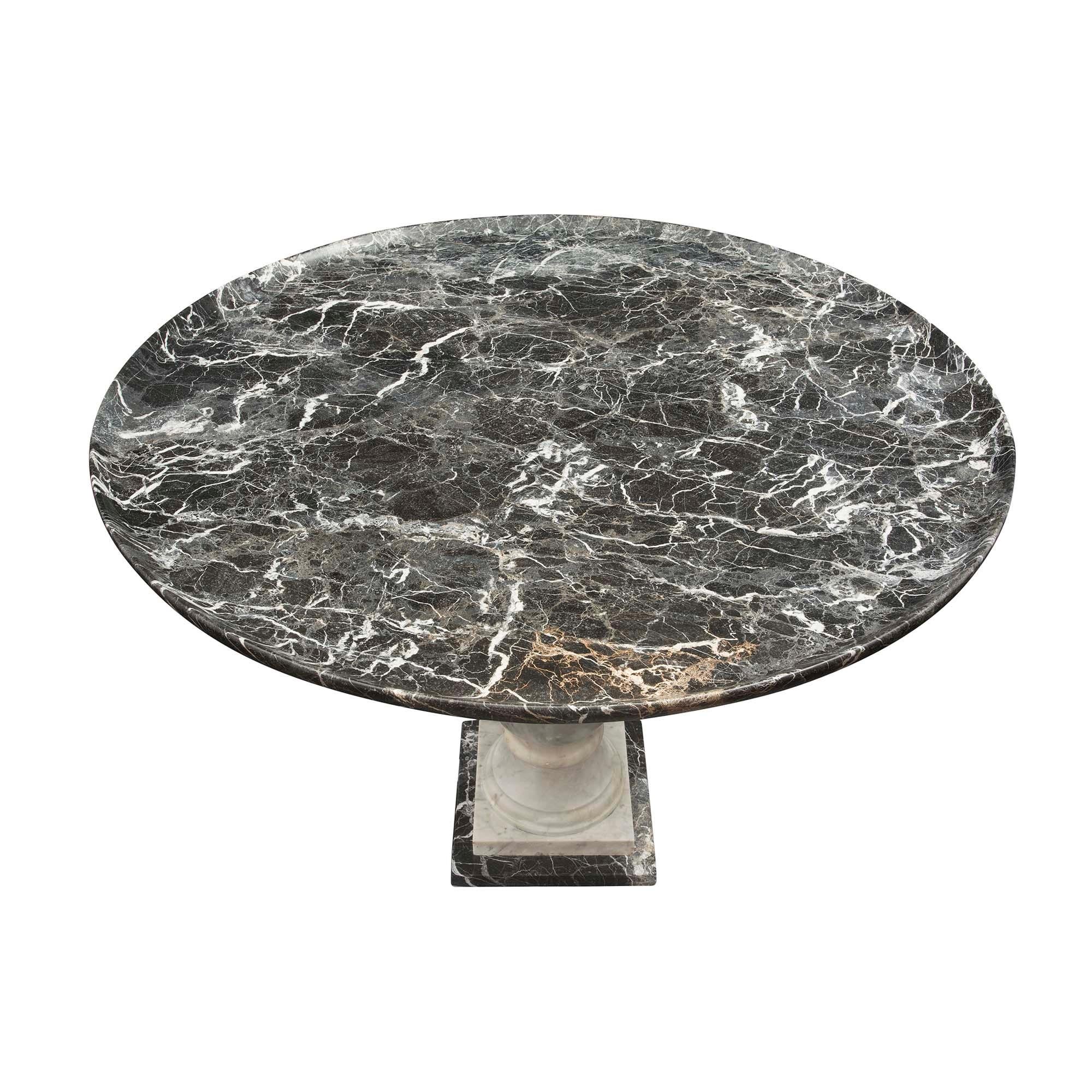A very elegant and two part Italian Neo-Classical st.Saint-Maximin marble side table. The table is raised by a square Saint-Maximin base below an additional white Carrara marble square plinth with a circular mottled baluster fut. Above lays the