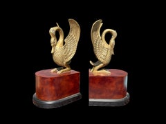 Italian Neo-Classical Style Brass Swan & Faux Burl Bookends Att. Borghese - Pair