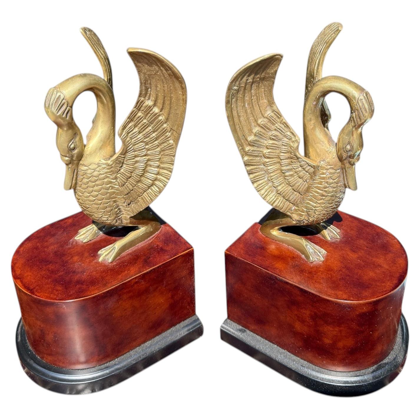Italian Neo-Classical Style Brass Swan & Faux Burl Bookends Att. Borghese - Pair For Sale