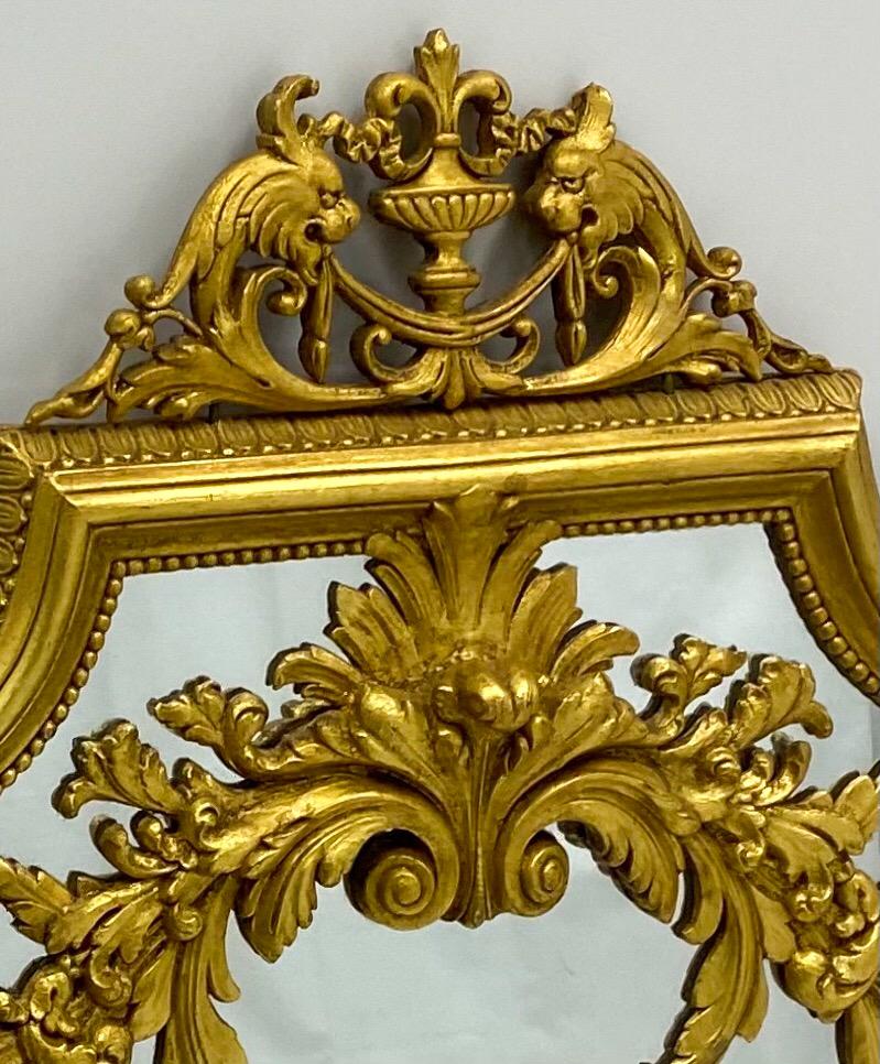 This is a special piece! It is an Italian neo-classical style mirror with a wonderful carved lion pediment. The rococo style appliqués are terracotta. It is in very good condition.