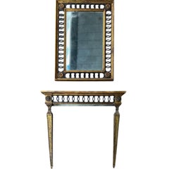 Consola italiana de estilo neoclásico con espejo tallado en madera dorada y mármol de imitación