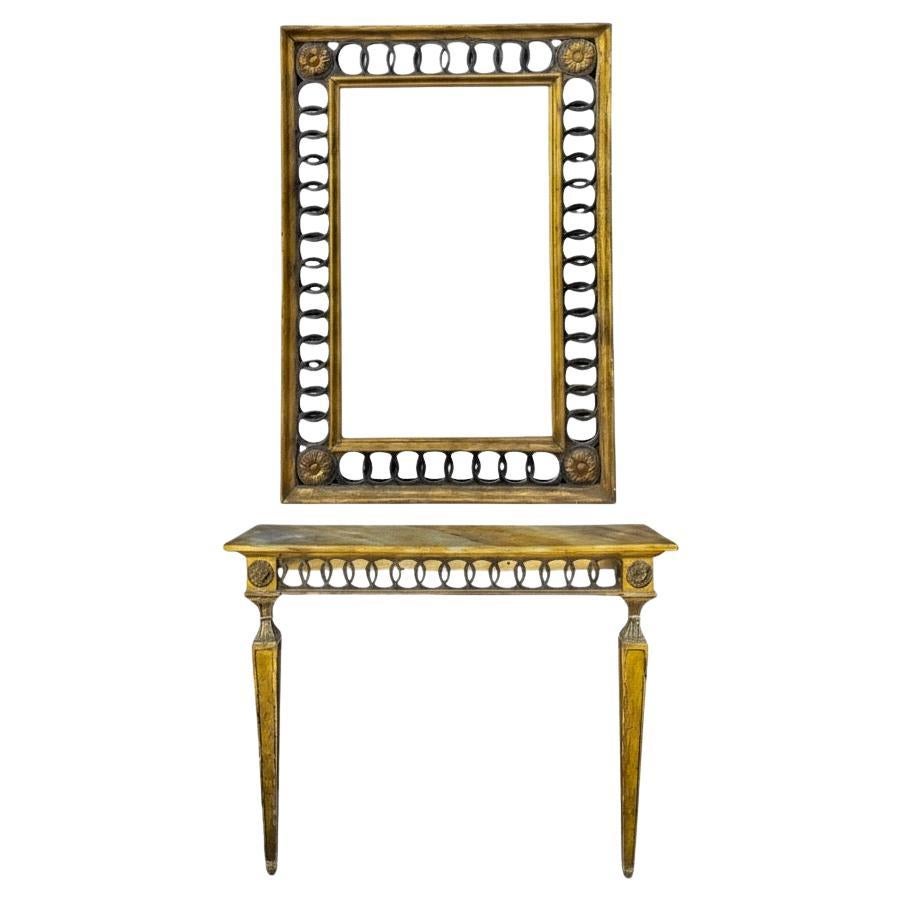 Consola italiana de estilo neoclásico con espejo tallado en madera dorada y mármol de imitación