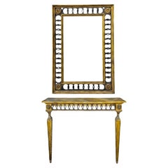Consola italiana de estilo neoclásico con espejo tallado en madera dorada y mármol de imitación