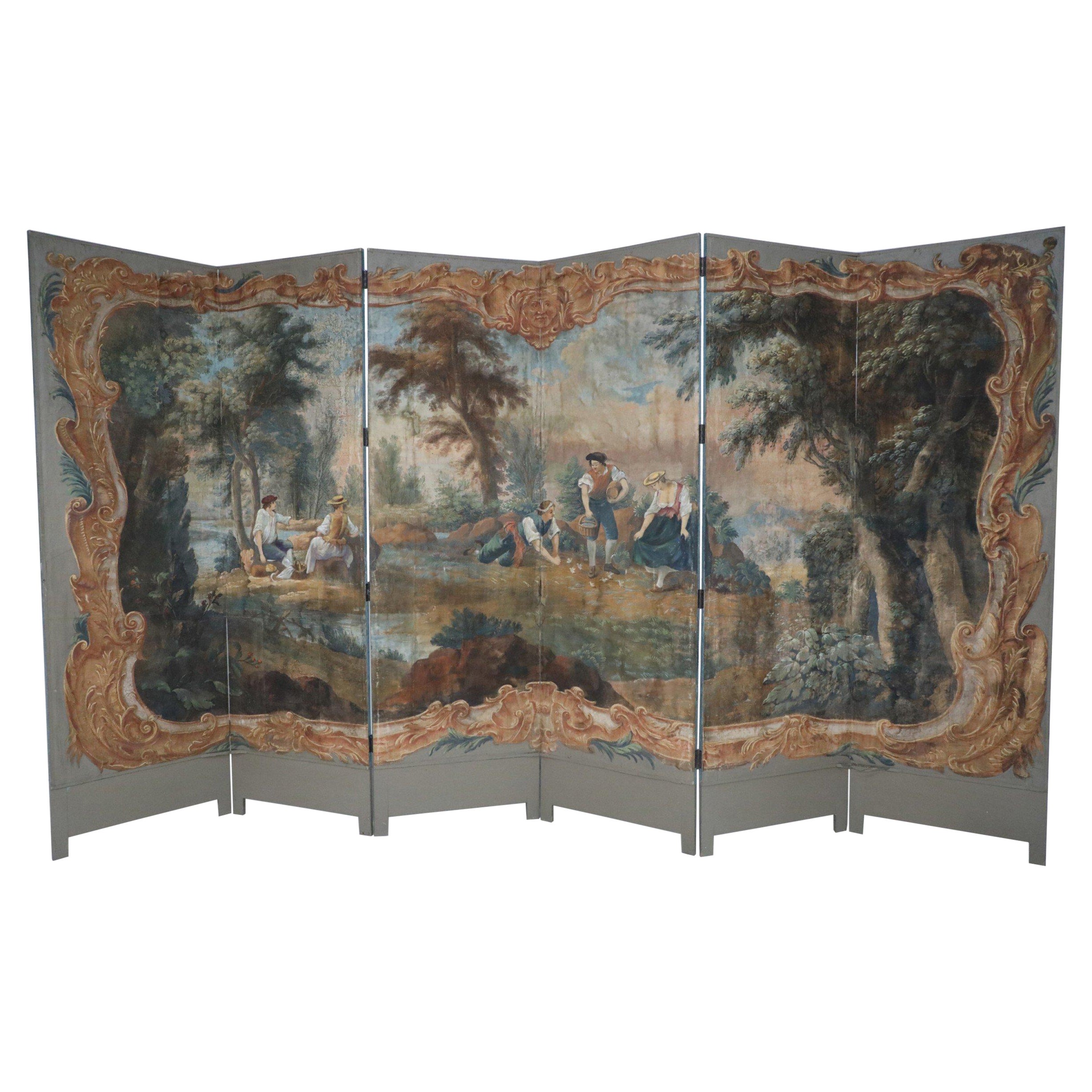 Paravento pieghevole a 6 pannelli con pittura figurativa in stile neoclassico italiano