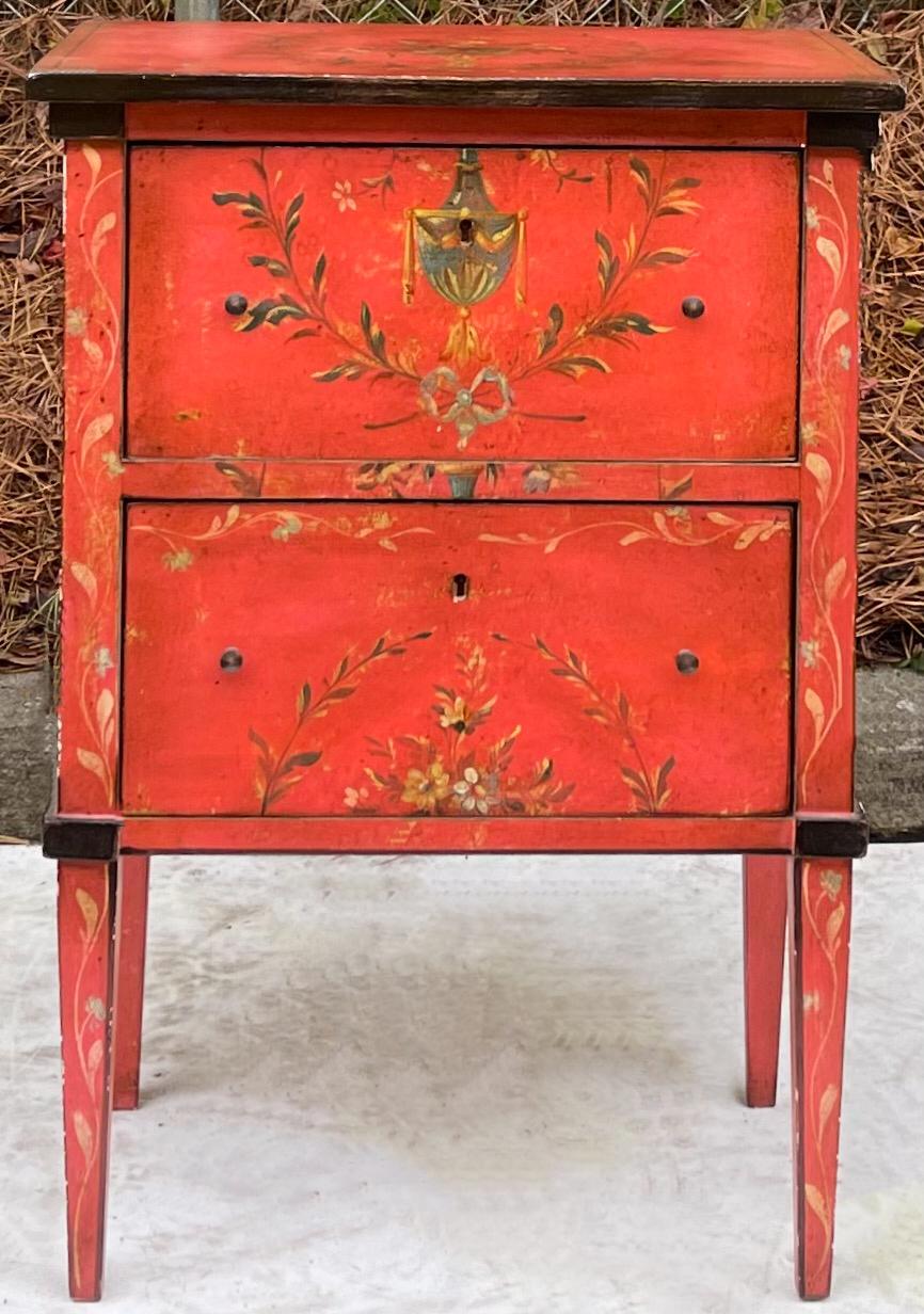 This is an Italian neo-classical style hand painted petite commode or side table. Even the drawer interior is painted! It does have a key. Even though this looks early, it is more likely a mid-century piece. I love the color.