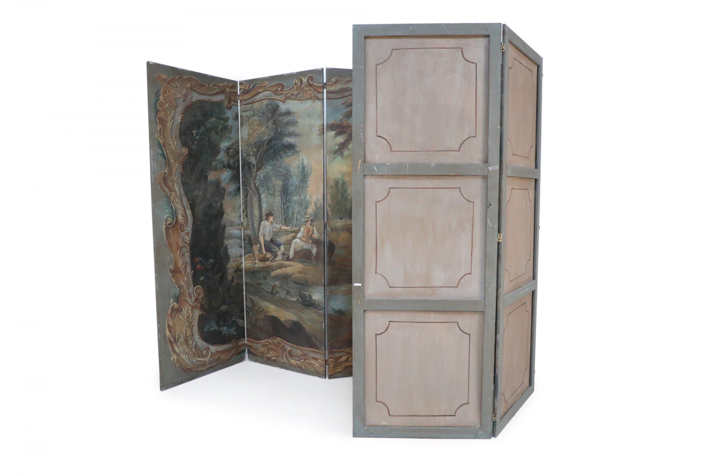 Antique Italian Neo-Classical-style six-paneled canvas folding screen connected with brass hinges and painted with a vignette of figures at a river's edge surrounded by a painted, ornately-carved golden frame.
  