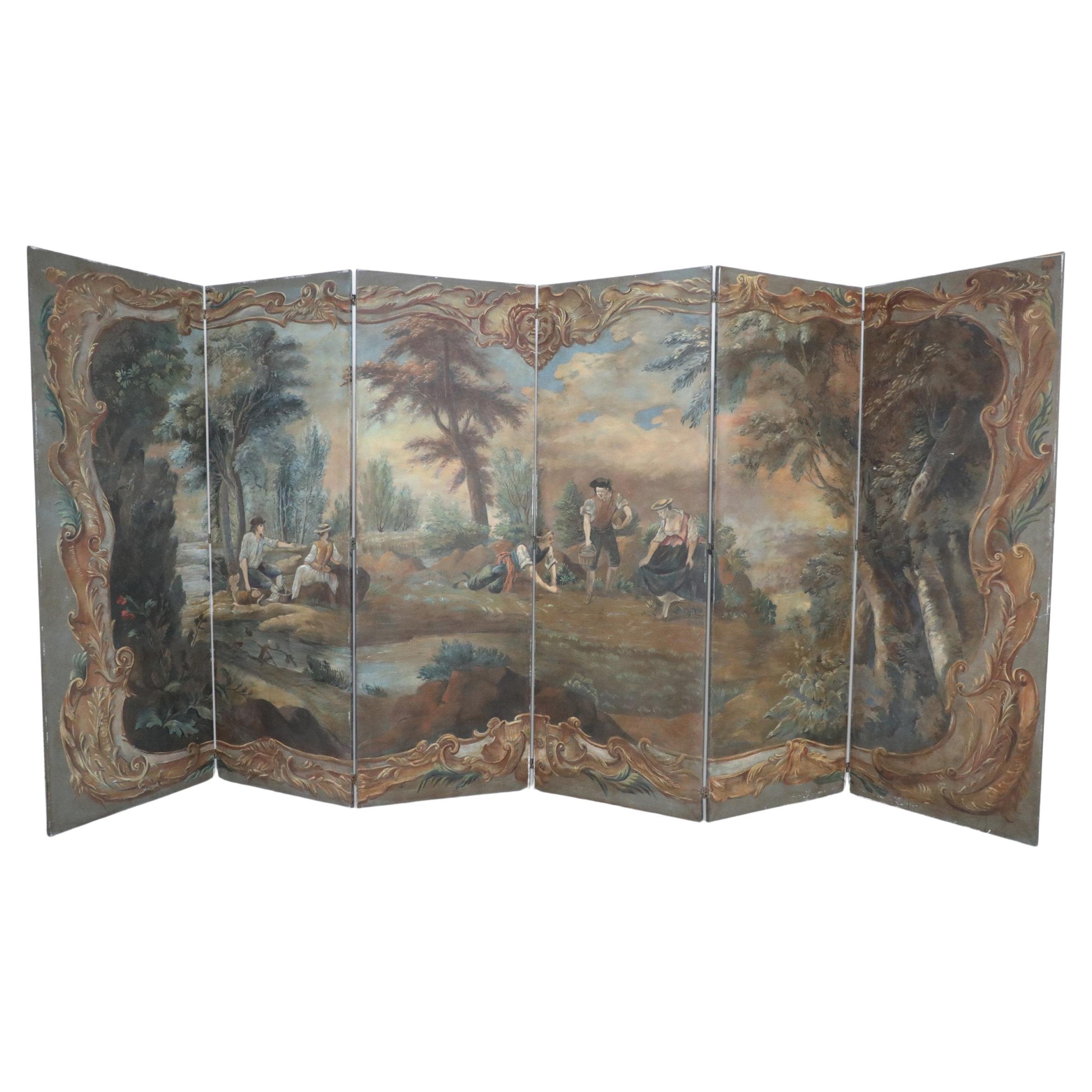 Italian Neo-Classical Style Landscape Painting 6-Paneled Folding Screen