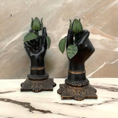 Italian Neo-Classical Style Metal Tole Hand Form & Leaf Candlesticks - Pair